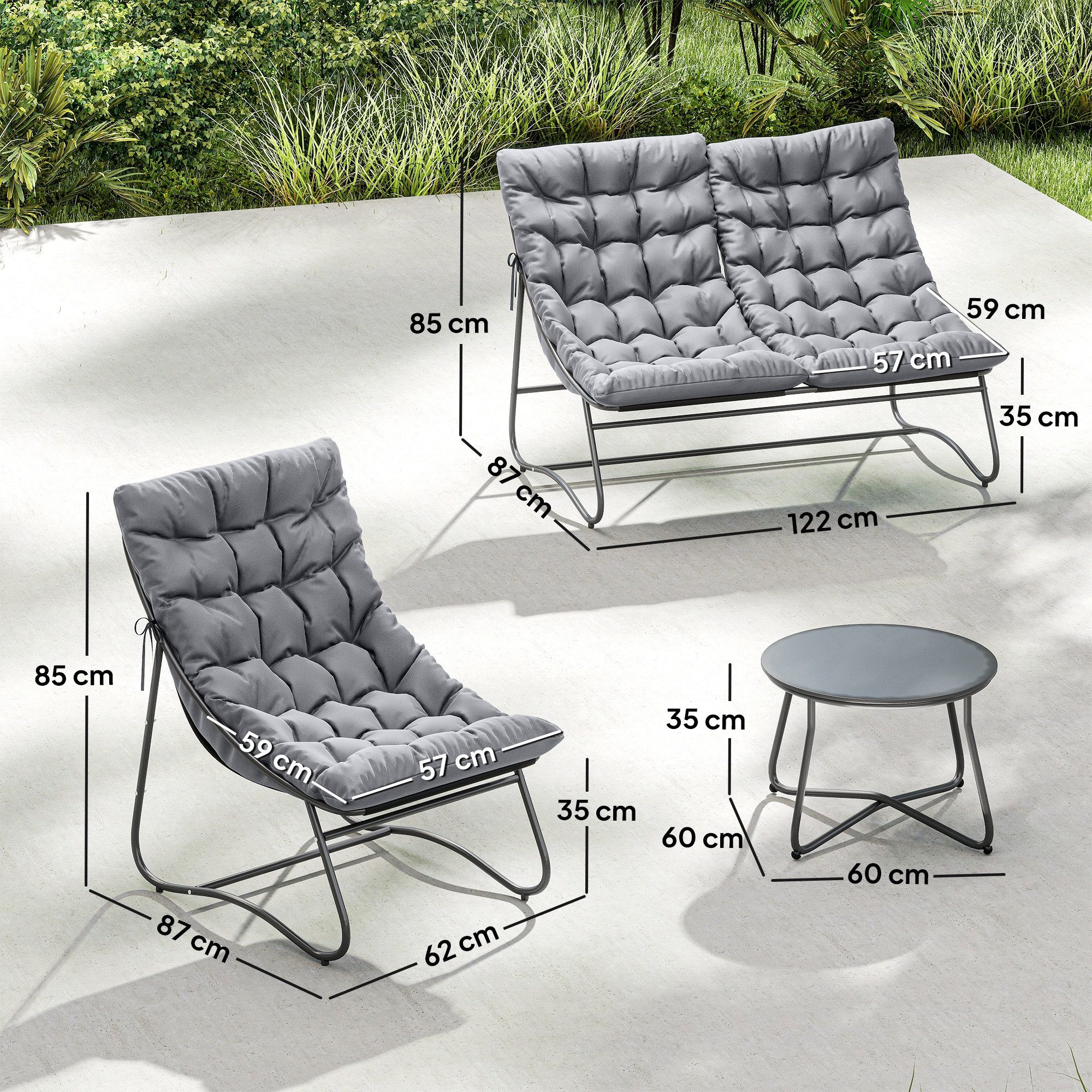 Outsunny Sitzgruppe 4 Personen mit 2er Sofa, Sessel, Beistelltisch, Sitzkissen, (Stahl Gartenmöbel Set 4, 4-tlg., wetterfest Balkonmöbel-Set), für Garten, Terrasse, Balkon, Grau