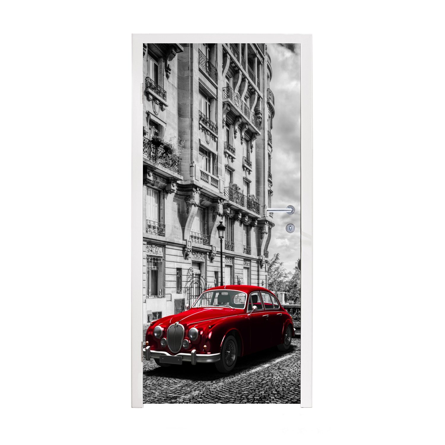 MuchoWow Türtapete Paris - Schwarz - Weiß - Auto, Matt, bedruckt, (1 St), Fototapete für Tür, Türaufkleber, 75x205 cm