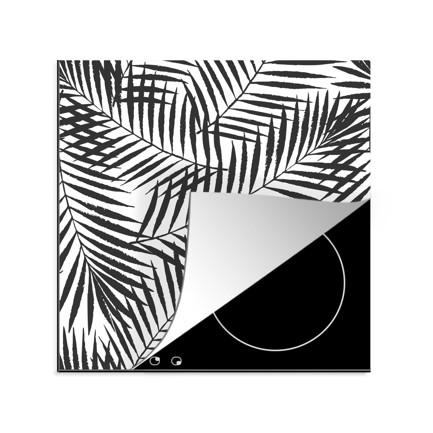 MuchoWow Herdblende-/Abdeckplatte Palmenblätter - Schwarz - Weiß - Muster - Mädchen - Kinder - Jungen, Vinyl, (1 tlg), 78x78 cm, Ceranfeldabdeckung, Arbeitsplatte für küche