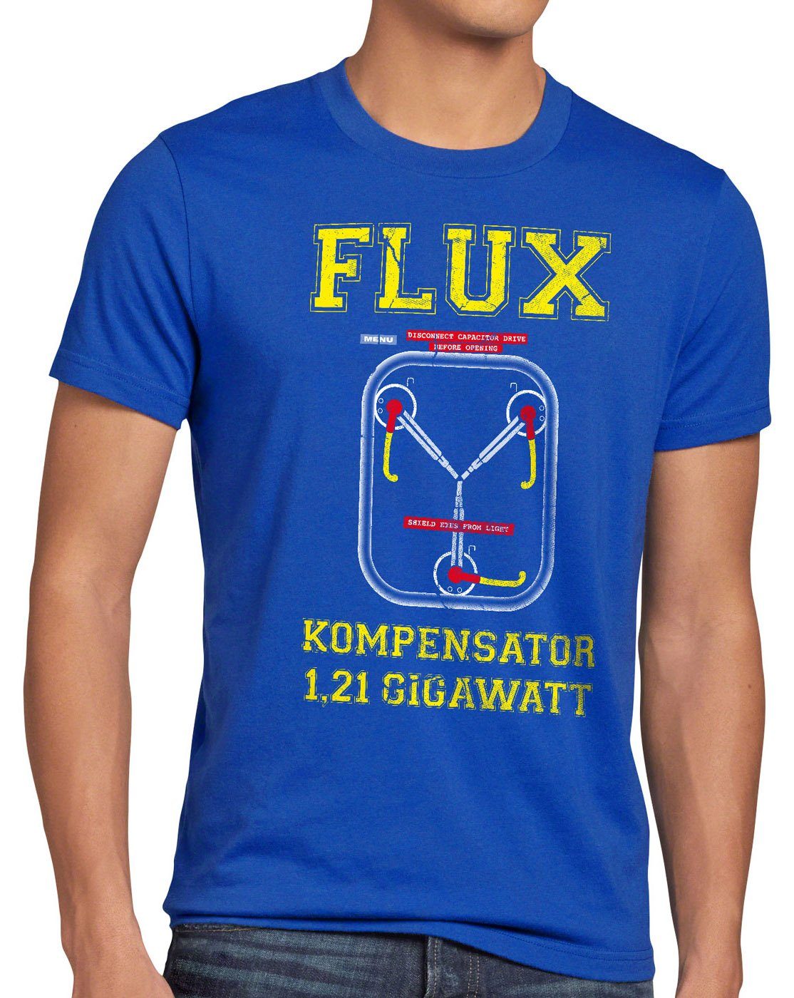 style3 Print-Shirt Herren T-Shirt Flux Kompensator Game Gamer Zukunft Zurück Zeitreise delorean dmc blau