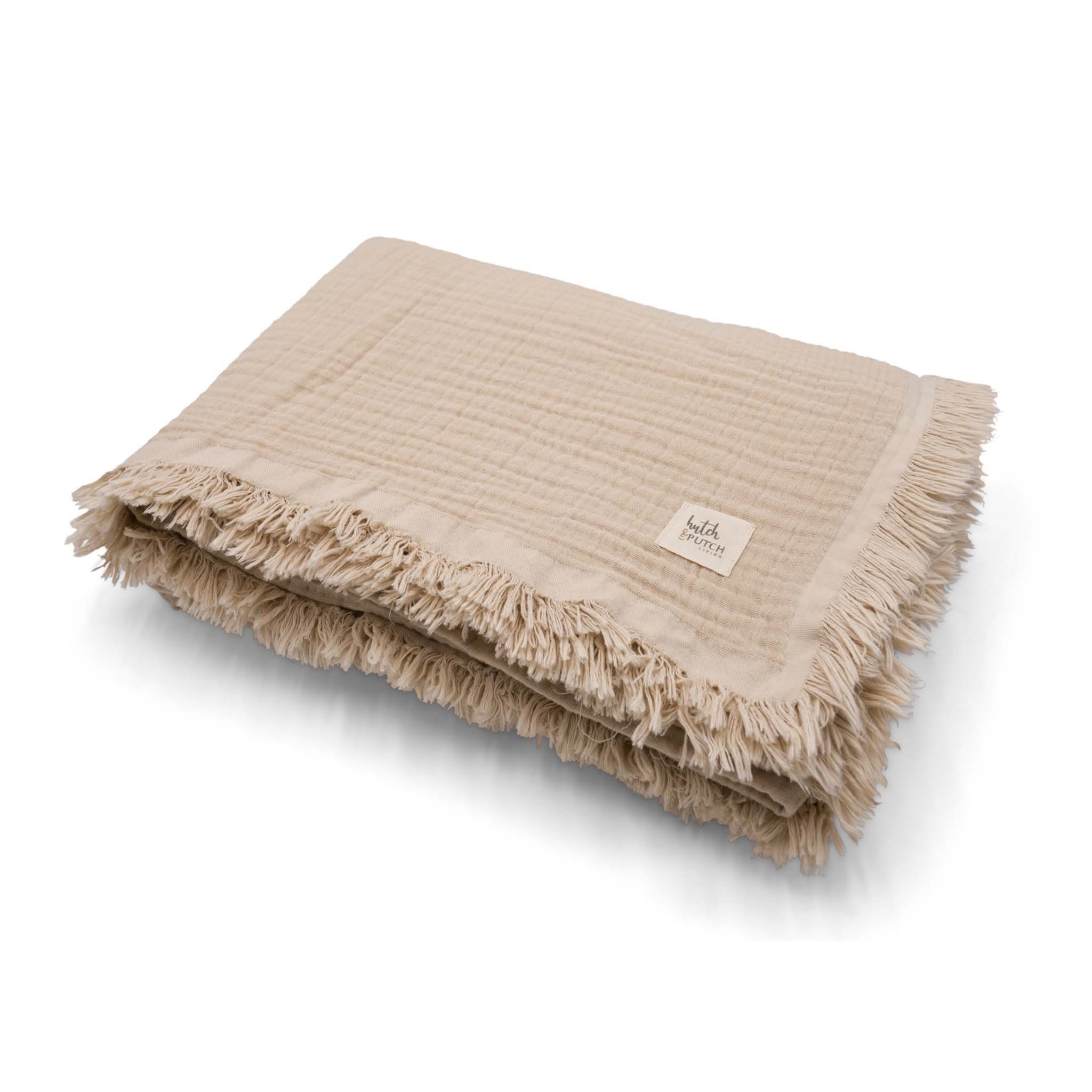 Plaid Musselin Sofadecke - Tagesdecke - 100% Bio-Baumwolle - 135x200 cm, hutch&putch, Decke aus 4-Lagen Musselin - mit Fransen - als Überwurf