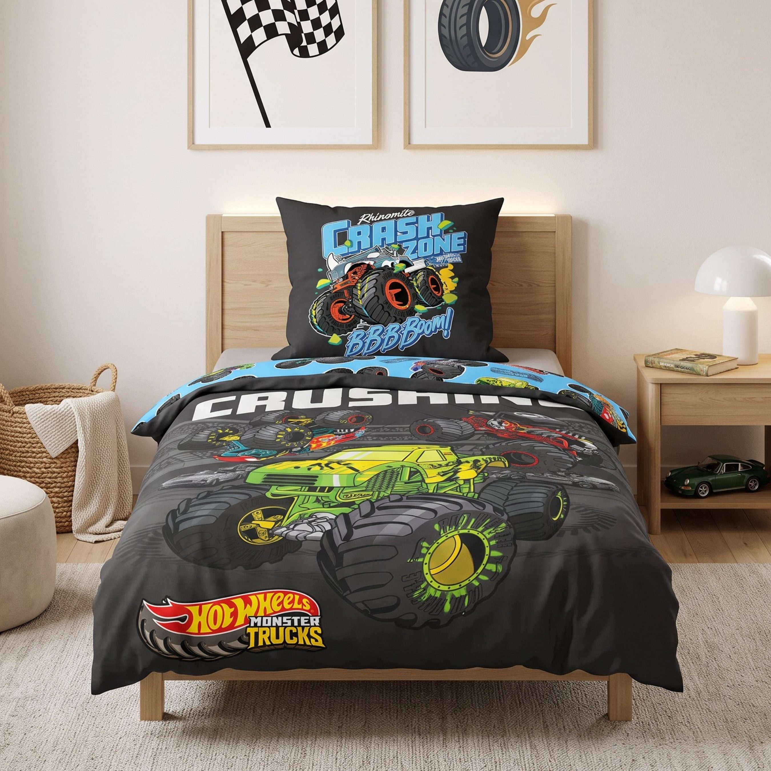 MTOnlinehandel Bettwäsche Hot Wheels Monster Trucks 135x200 cm, Mikrofaser, 2 teilig, Kinderbettwäsche mit Crash- & Stuntmotiv und farbiger Wendeseite