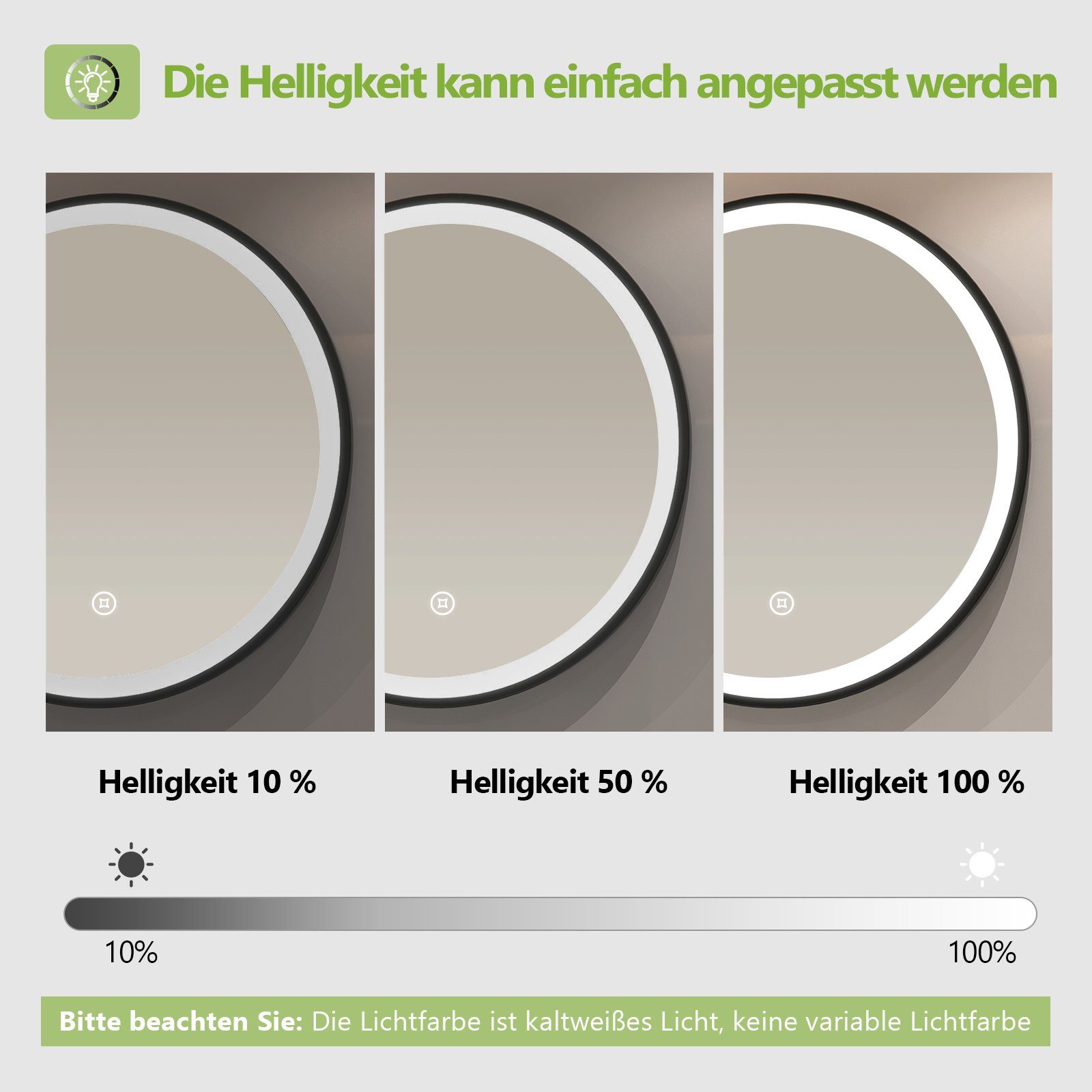 Badspiegel Lichthelligkeit Touch-Schalter,kaltweißes Schwarze Rund Licht,Energiesparend,IP44 einstellbar, S'AFIELINA Rahmen