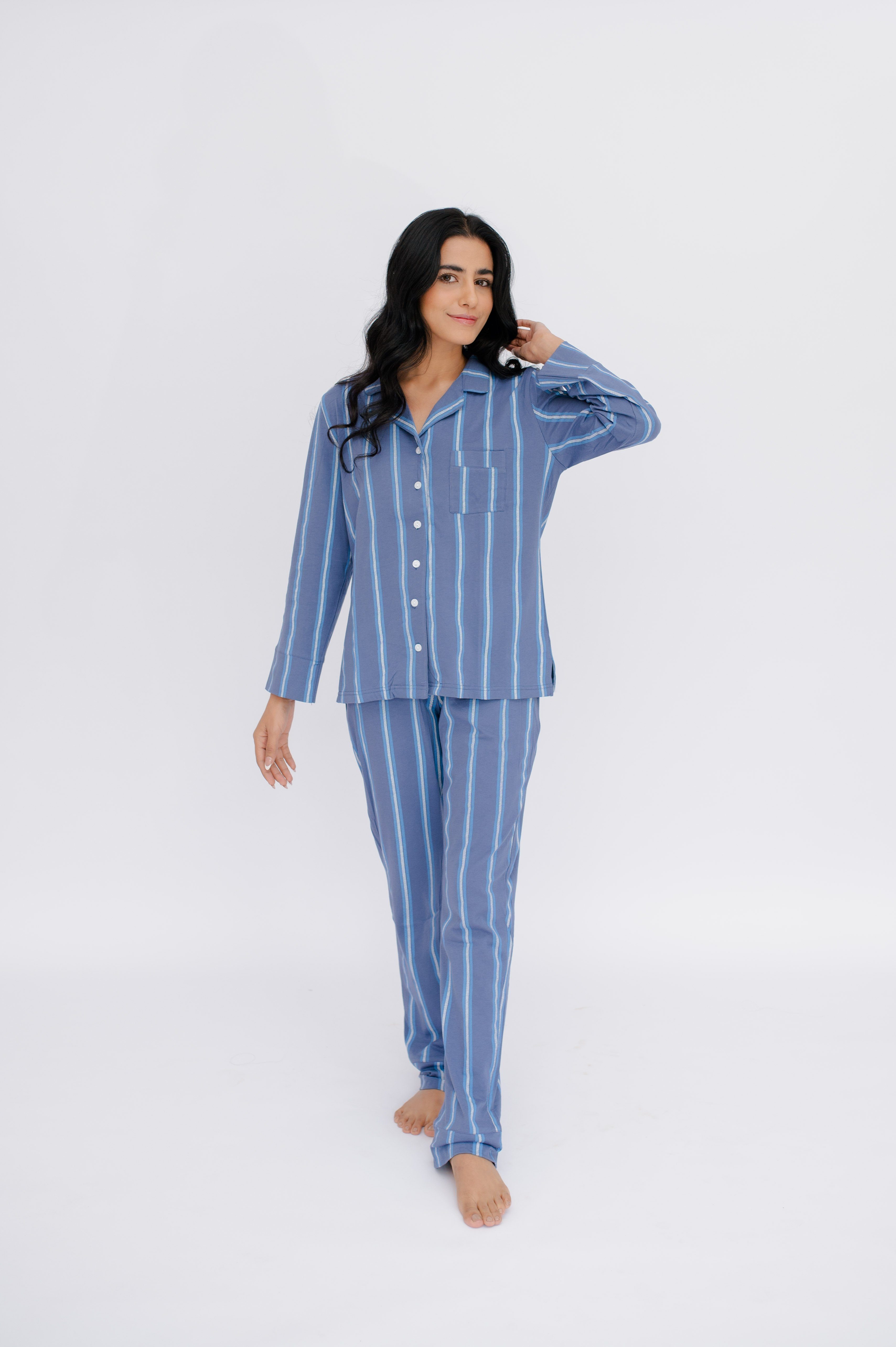SNOOZE OFF Pyjama langarm Schlafanzug im Streifendesign (2 tlg., 1 Stück) mit Reverskragen