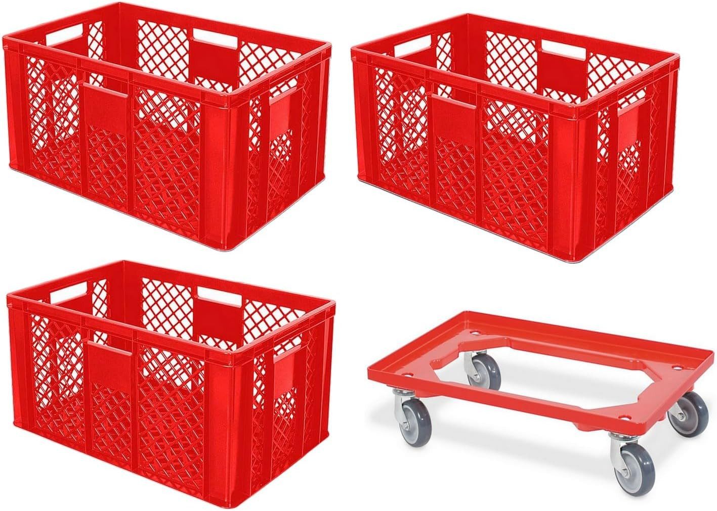 BRB-Lagertechnik Stapelbox 3x Eurobehälter/Bäckerkiste, LxBxH 600x400x320 mm + Transportroller, Stoßfest, robust und formstabil