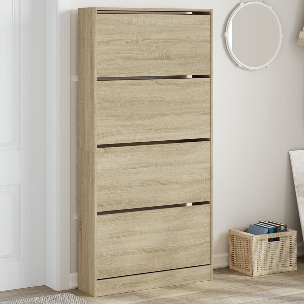 furnicato Schuhregal Schuhkipper Sonoma-Eiche 80 x 21 x 163,5 cm aus Holzwerkstoff, 1-tlg., Platzsparender Schuhschrank mit 4 Klappen und Wandhalterung für Flure