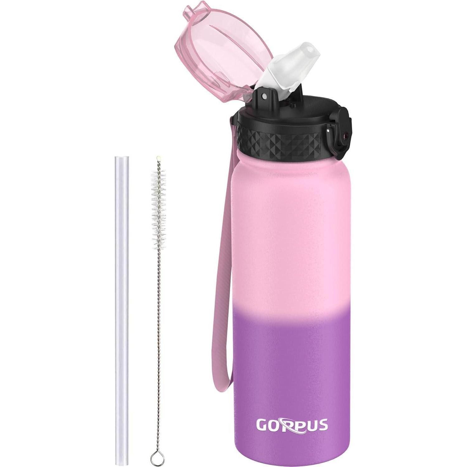 LuxusKollektion Thermoflasche Wasserflasche Edelstahl Strohhalm Auslaufsicher 600 ml Rosa Violett