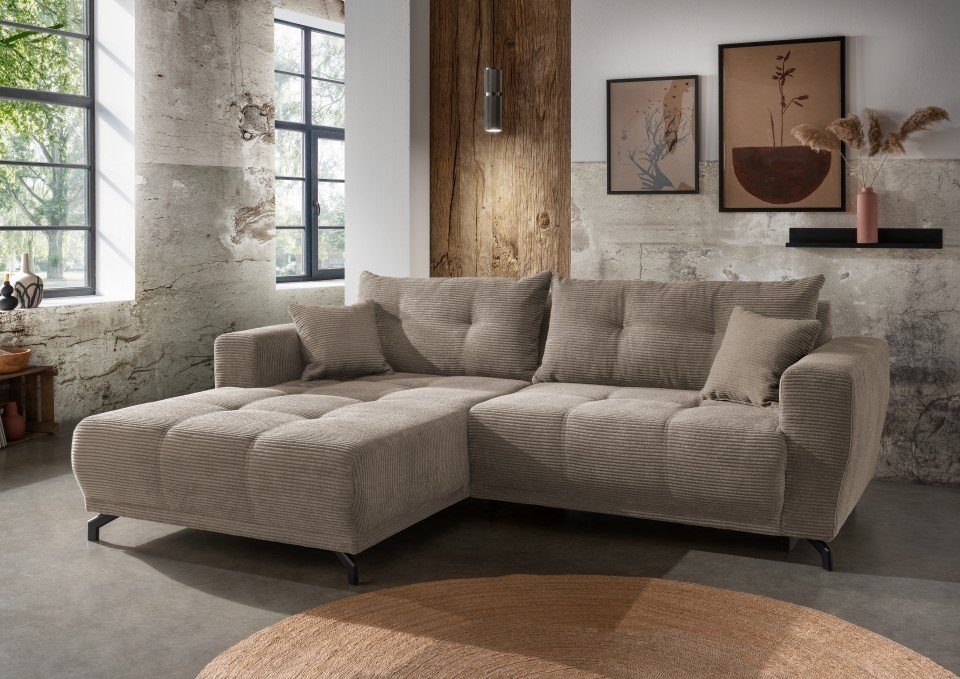 Myhomelando Ecksofa Renegade, mit elektronischer Sitzverbreitung, Kissen, Cord Bezug Grau-Braun