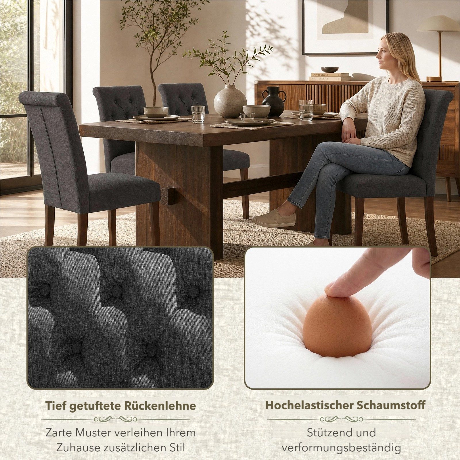 TLGREEN Esszimmerstuhl 1/2/4 Set,Küchenstuhl,Polsterstühle mit hoher Rückenlehne, (Chesterfield Stil mit Massivholzbeinen, 1 St), Weiche Gepolsterte Sitzfläche, – Bild 5 von 5