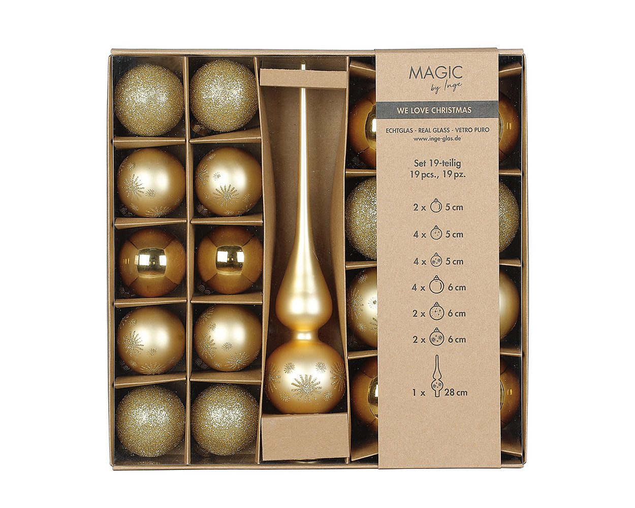 MAGIC by Inge Weihnachtsbaumkugel, Weihnachtskugeln Glas 5-6cm mit Spitze 19er Set - Inkagold