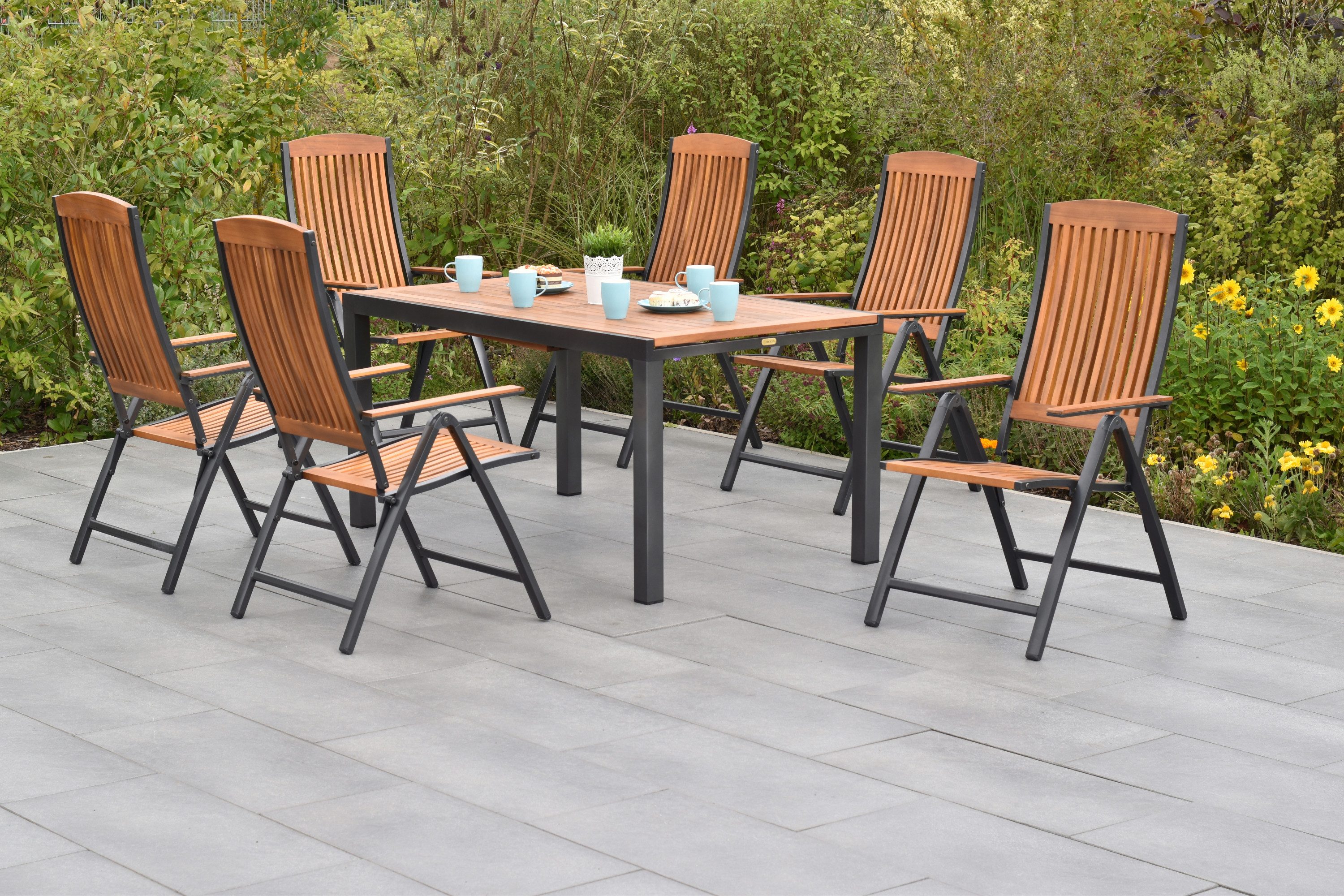 MERXX Garten-Essgruppe »Athos«, (Set, 7-tlg., 5-fach verstellbare Rückenlehne, Aluminium mit Akazienholz), Ausziehtisch: LxB: 150-200 x 90 cm