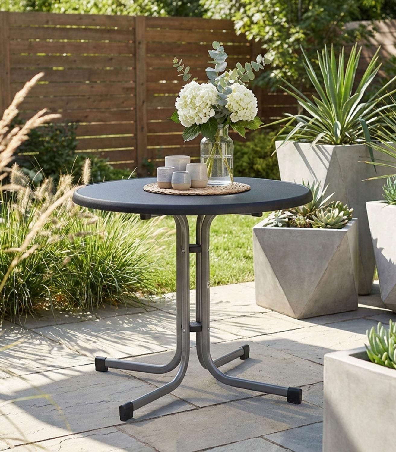 Sieger Gartenmöbel Gartentisch MECALIT, Klappbar, Ø 86 cm, Metall, Anthrazit, Graphitfarben, Tischplatte aus Mecalit