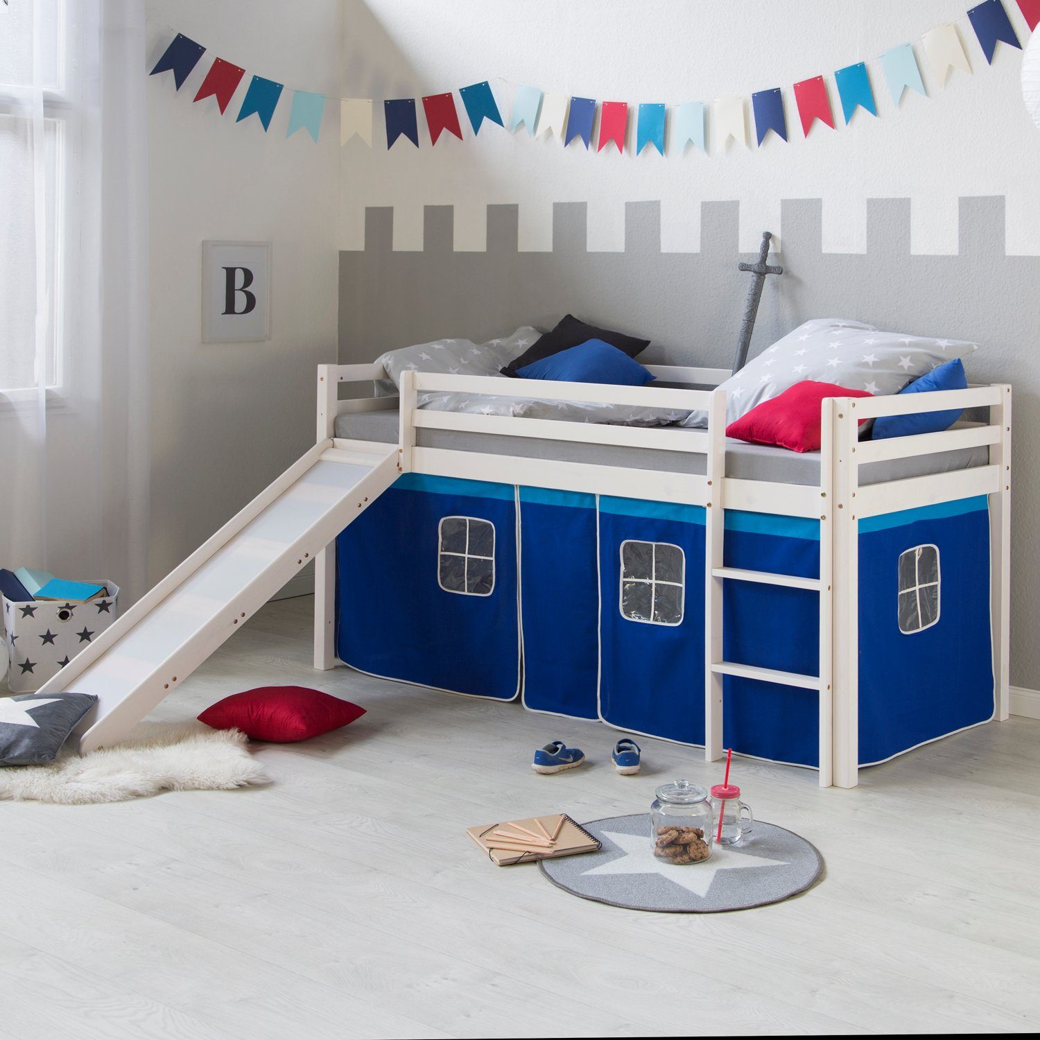 Homestyle4u Hochbett Kinderbett mit Rutsche & blauem ...