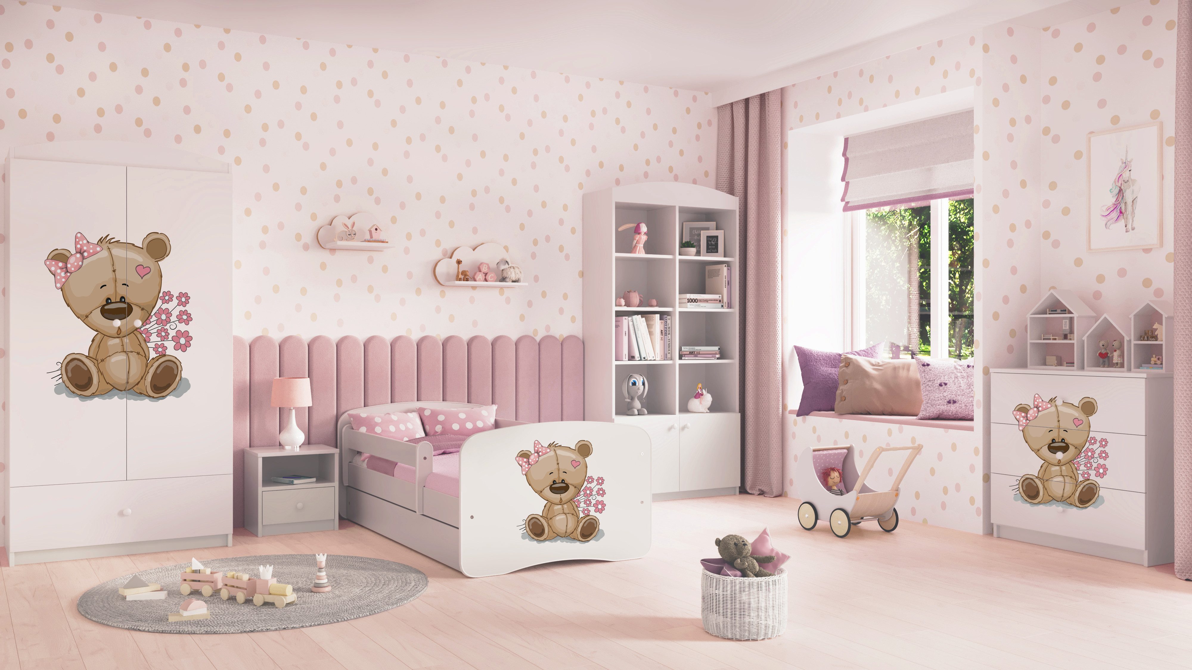 Raumhirsch Furniture Kinderbett 70x140, 80x160, 80x180 cm - Komplettset mit Matratze & Schublade (Bett für Mädchen, Einzelbett Kinder 2–12, mit Rausfallschutz & Lattenrost), verschiedene Farben & Designs