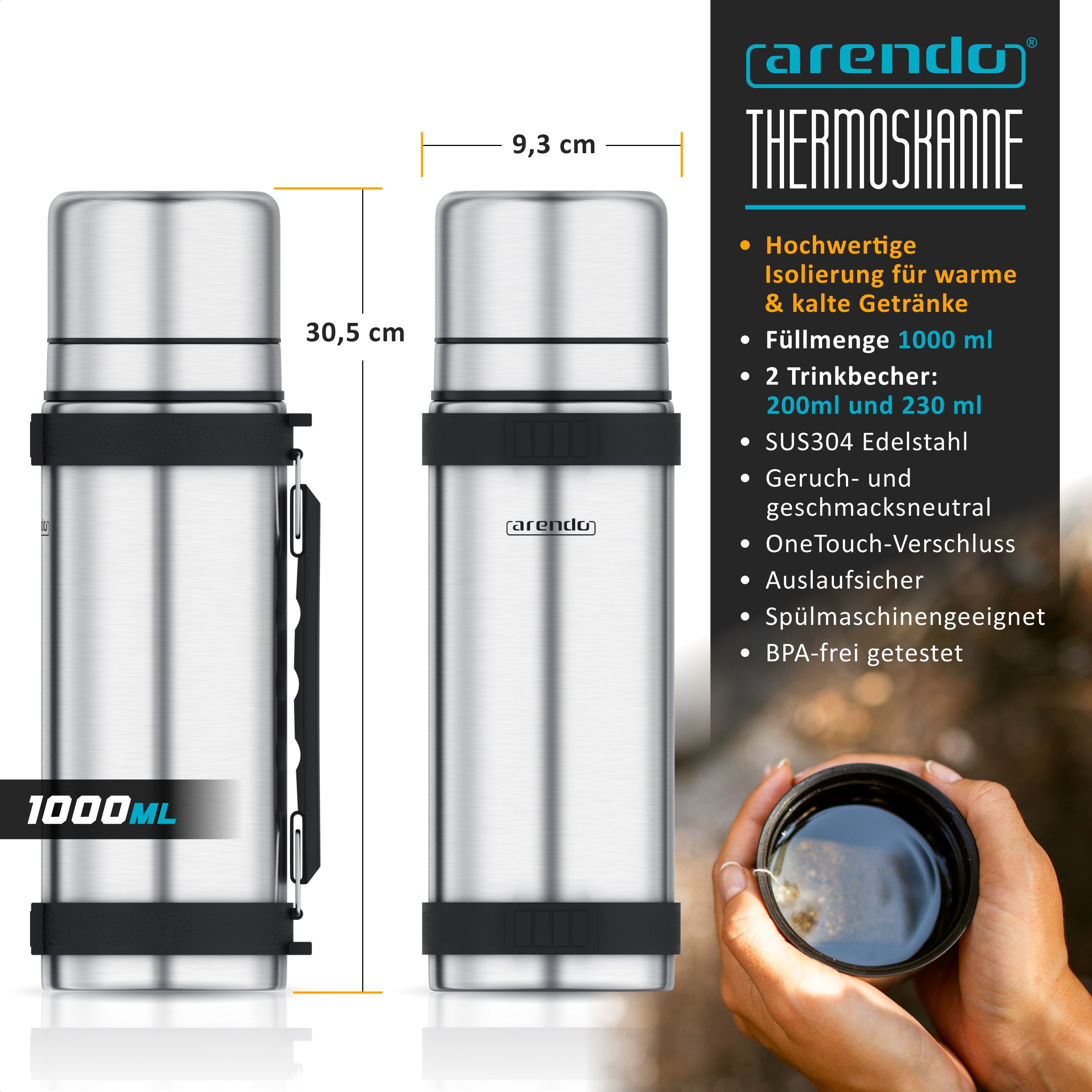 Arendo Thermoflasche 1 L Isolierflasche mit 2 Tassen, Edelstahl Trinkflasche für Unterwegs, kohlensäuregeeignet, inkl. 2 Becher, BPA-frei, auslaufsicher – Bild 2 von 5
