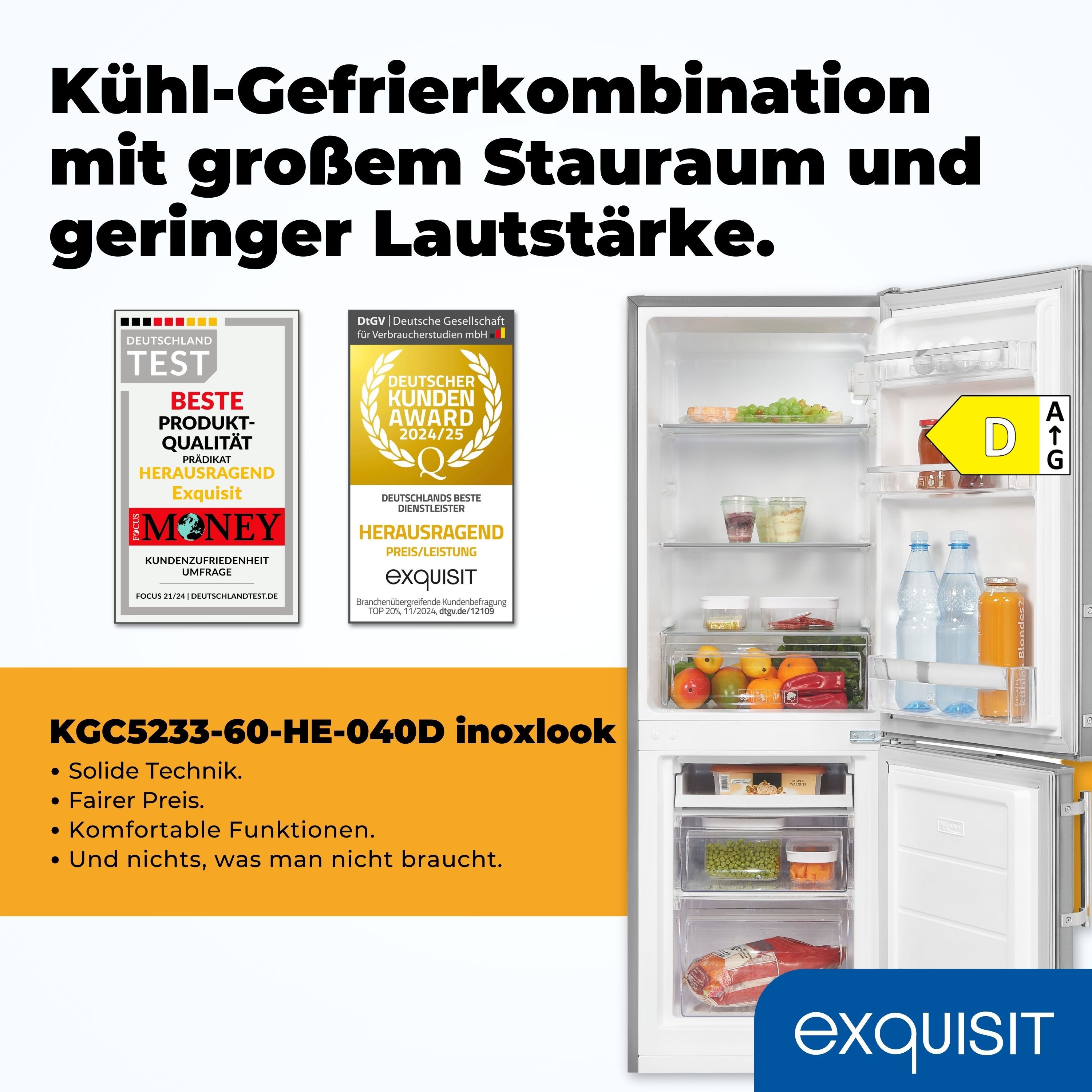 exquisit Kühl-/Gefrierkombination KGC5233-60-HE-040D, 142.5 cm hoch, 50 cm breit, 173 Liter, Alarm-Funktion, 4-Sterne-Gefrierfach, 3 Glasablagen