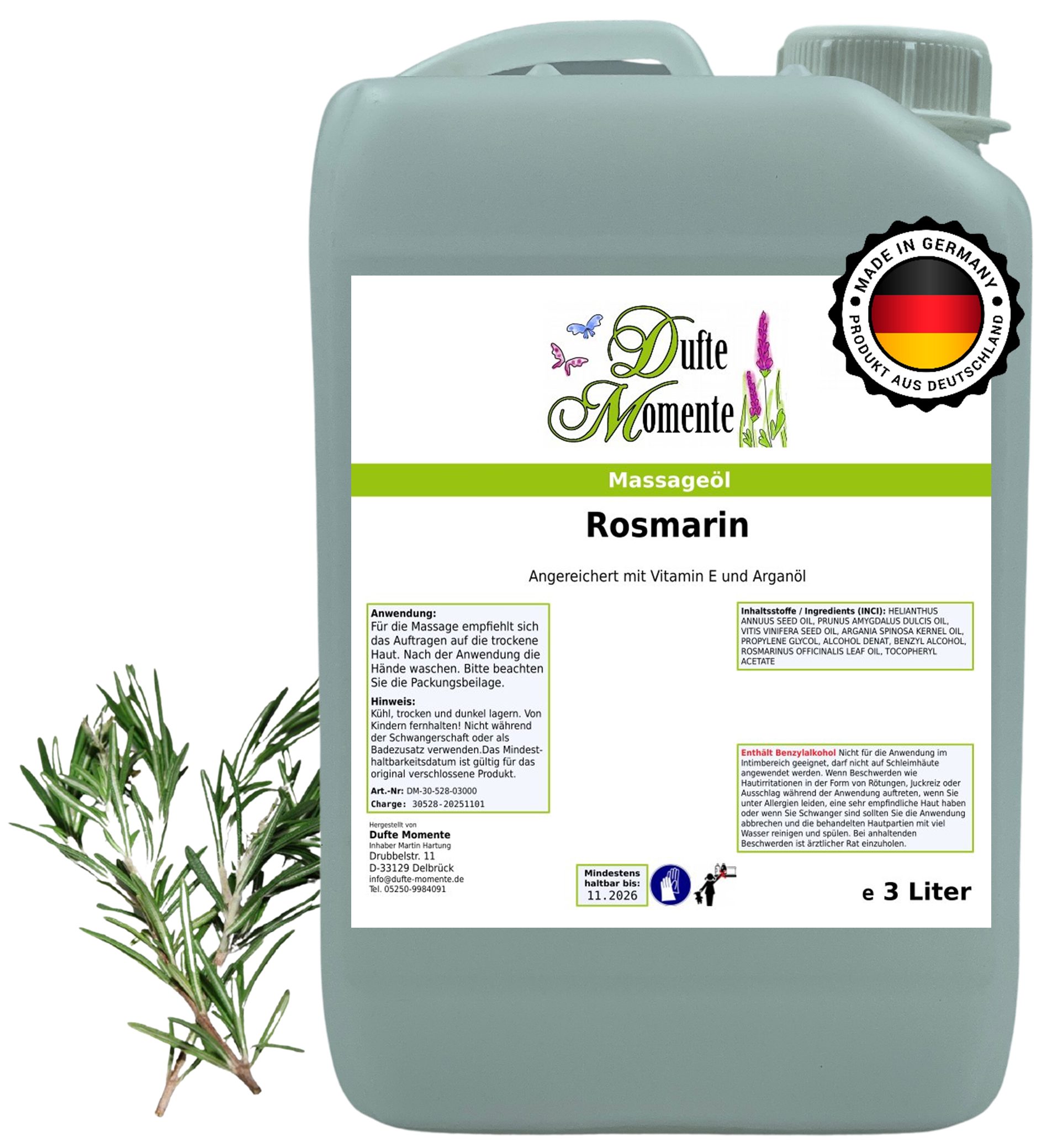 Dufte Momente Massageöl Rosmarin 250ml - 3 L, hochwertige Pflanzenöle als Basis, vegan und ohne Tierversuche