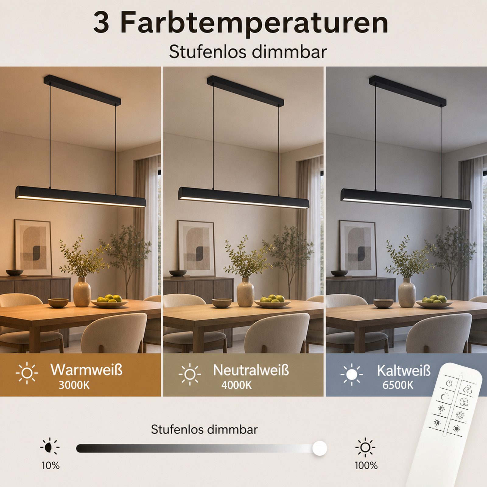 Nettlife LED Pendelleuchte Modern Schwarz Fernbedienung 108/148.5 cm 37/50W Hängelampe Esszimmer, LED fest integriert, Dimmbar, Hängelampe Memory-Funktion für Wohnzimmer Küche Schlafzimmer Büro