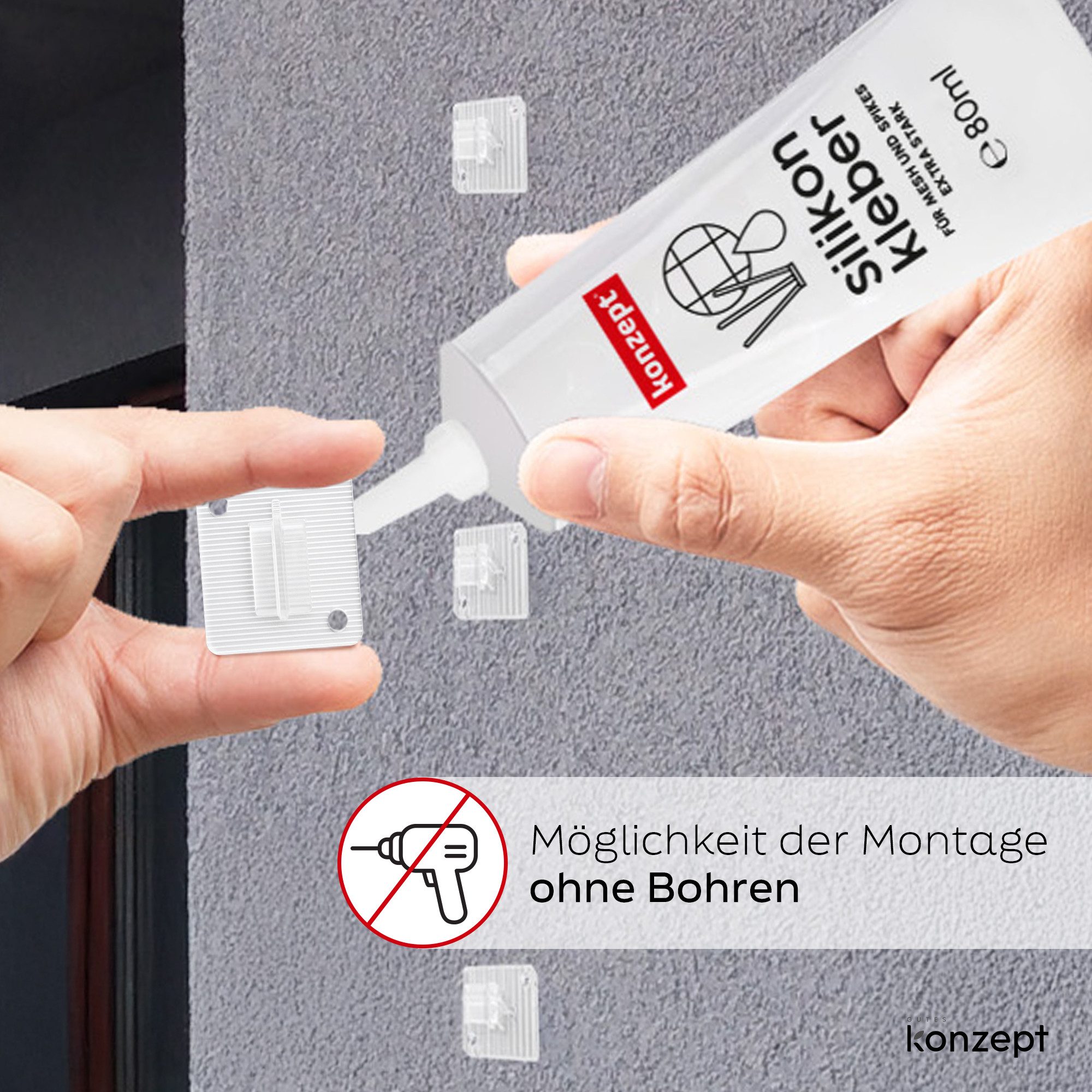 KONZEPT Klebehaken zur Befestigung für Katzennetz am Balkon, extra stark – transparent, Ideal für Katzen- und Dekonetze, Balkonverkleidungen, Lichterketten, leichte Vorhänge, Insektenschutzgitter, (50-St), Ohne Kleber, klein, Haken ohne Bohren, wetterfest, Outdoor geeignet