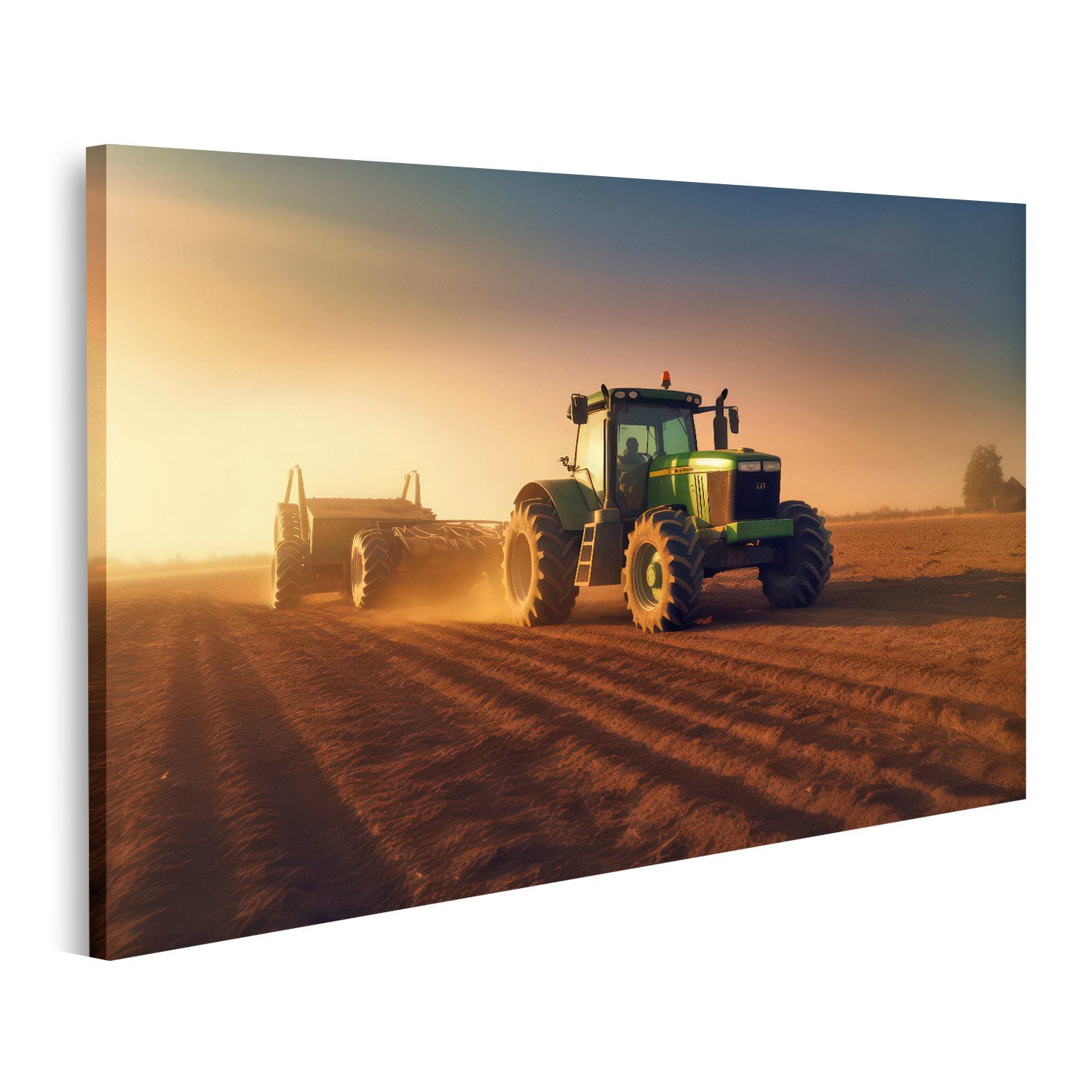 islandburner Leinwandbild Grüner Traktor Feld Sonnenuntergang Bilder günstig online kaufen