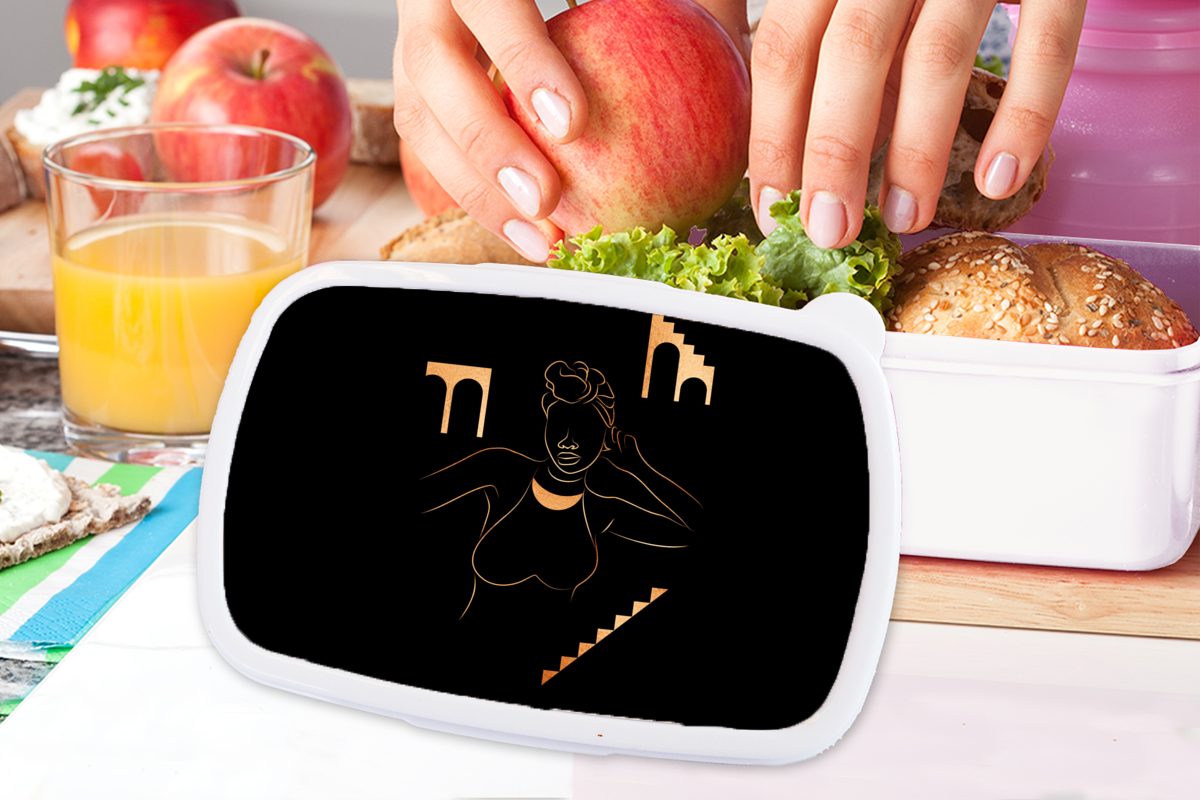 MuchoWow Lunchbox Frau - Gold Strichzeichnung, Erwachsene, und Mädchen - und Kunststoff, weiß Brotbox Jungs für für Kinder Brotdose, (2-tlg)