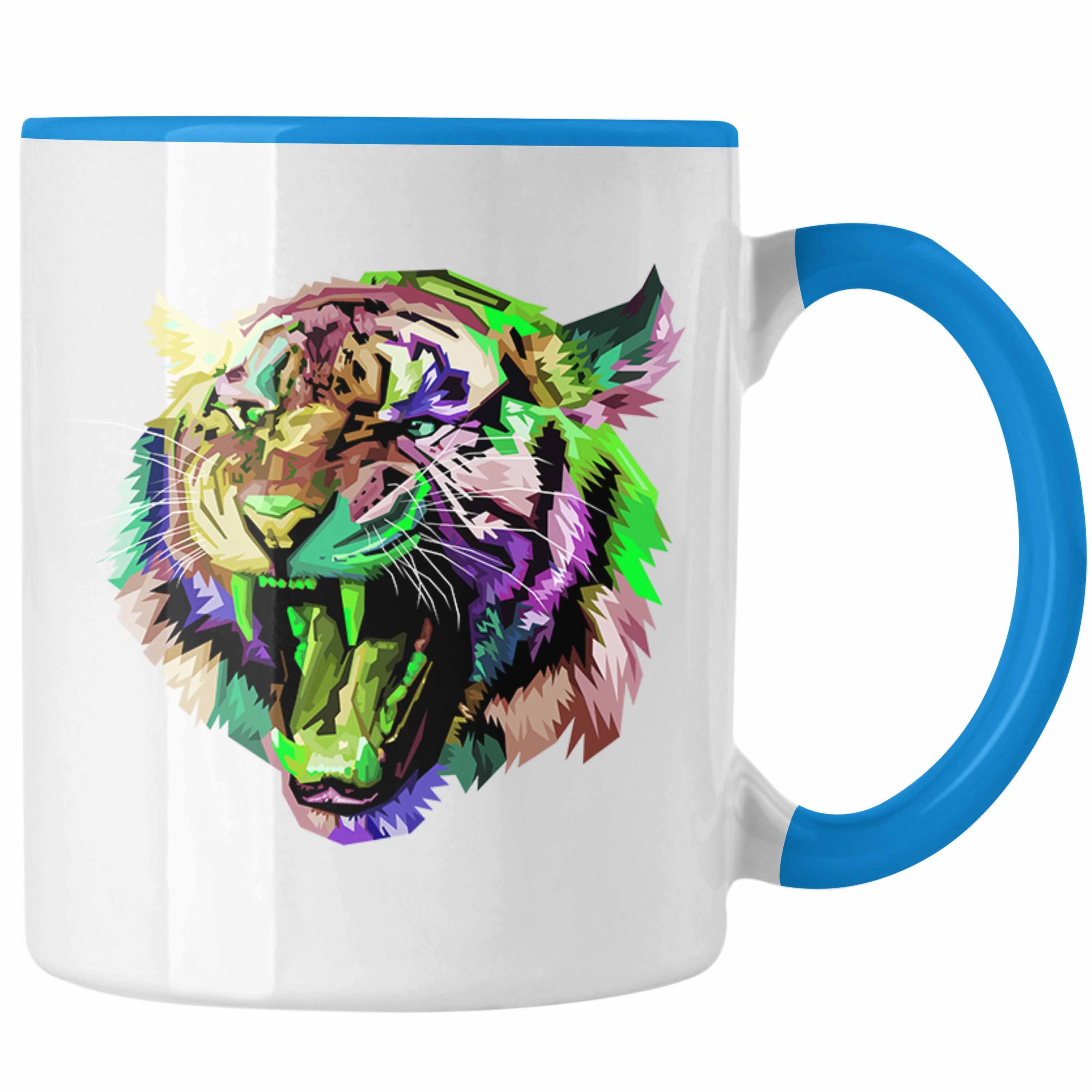 Trendation Tasse Trendation - Tiger Polygon Tasse Geschenk Tigern-Liebhaber Bunt Blau