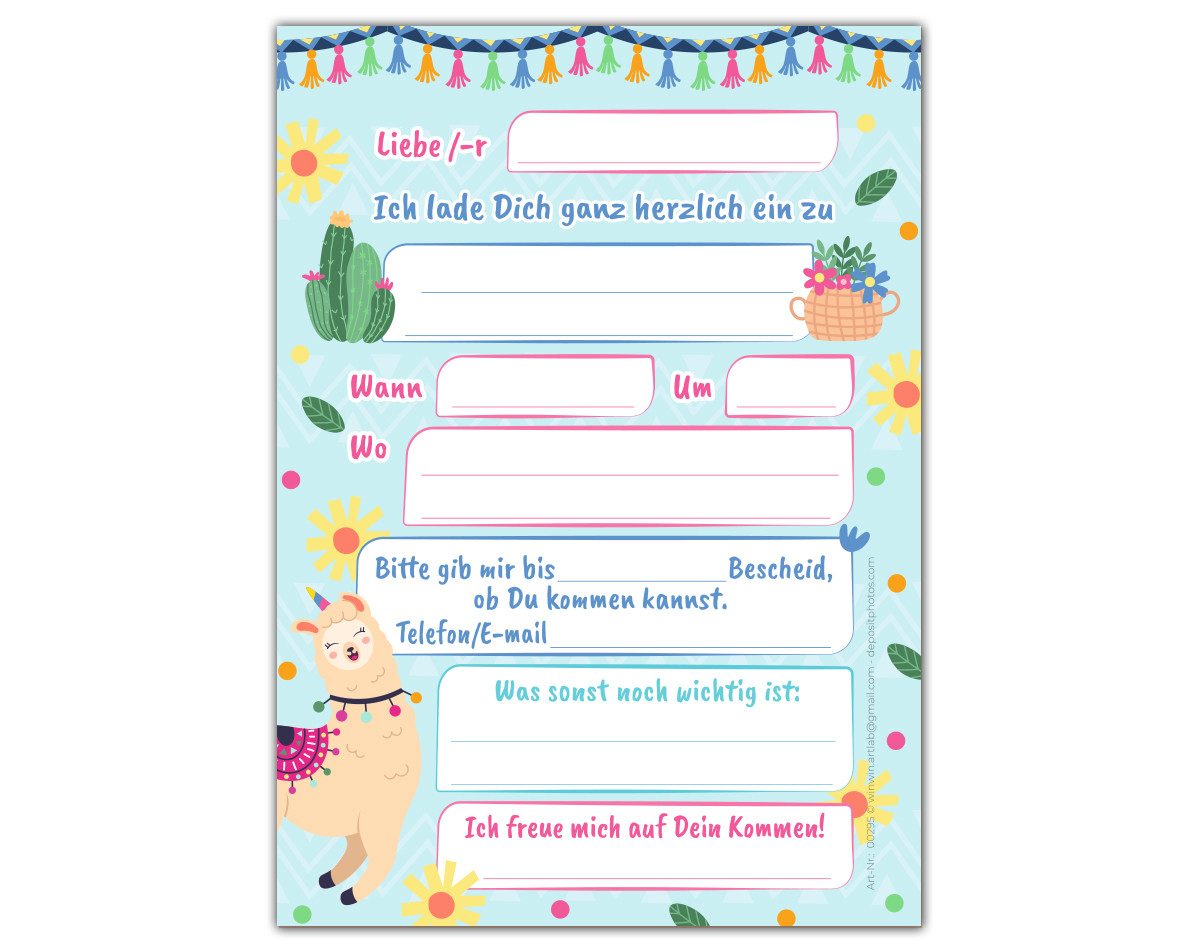 JUNAPACK Einladungskarten Lama Einladungen zum Kindergeburtstag Mädchen Karten Alpaka Tiere, Einladungskarten mit einem Lama Motiv für Kinder