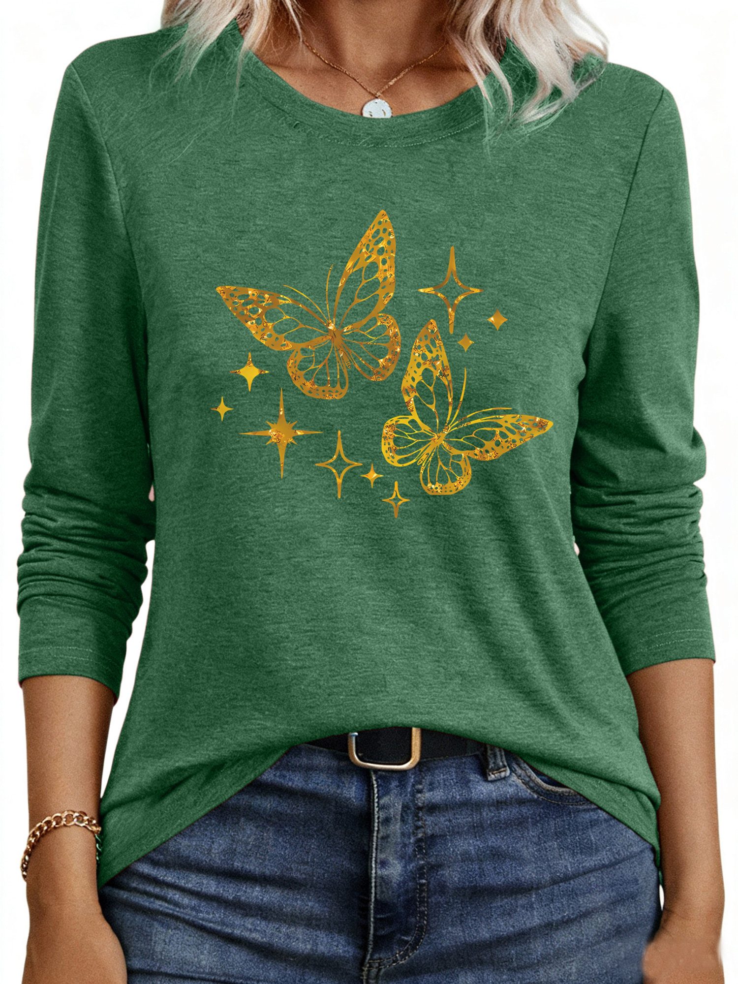PYLIKE Langarmshirt Damen Rundhalsausschnitt Longsleeve mit Schmetterling P günstig online kaufen
