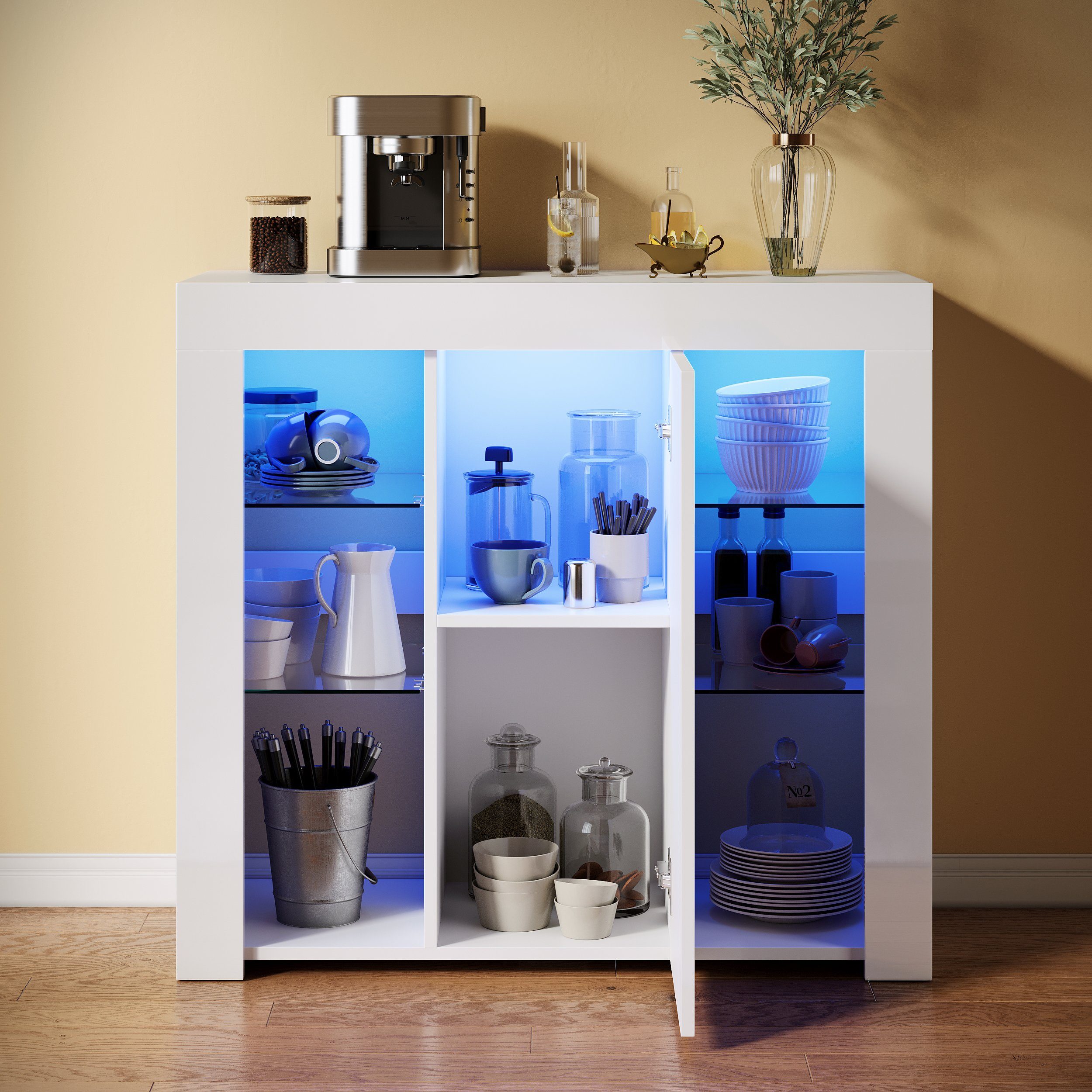 SONNI Sideboard mit LED Beleuchtung 90x35x83cm Weiß/Schwarz Hochglanz, mit Schranktür und 4 glas Einlegeböden
