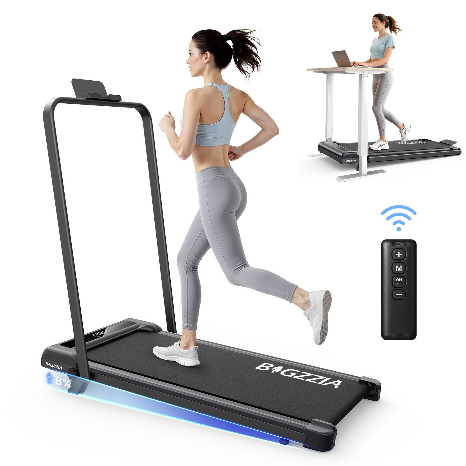 BIGZZIA Laufband - Klappbare Laufbänder 3 in 1 - mit 8% Steigung (Laufgerät für Zuhause bis 130KG - LED-Anzeige - Noise<45db), 1-10 km/h - Elektrisches 3.0 PS Bürstenloser Motor