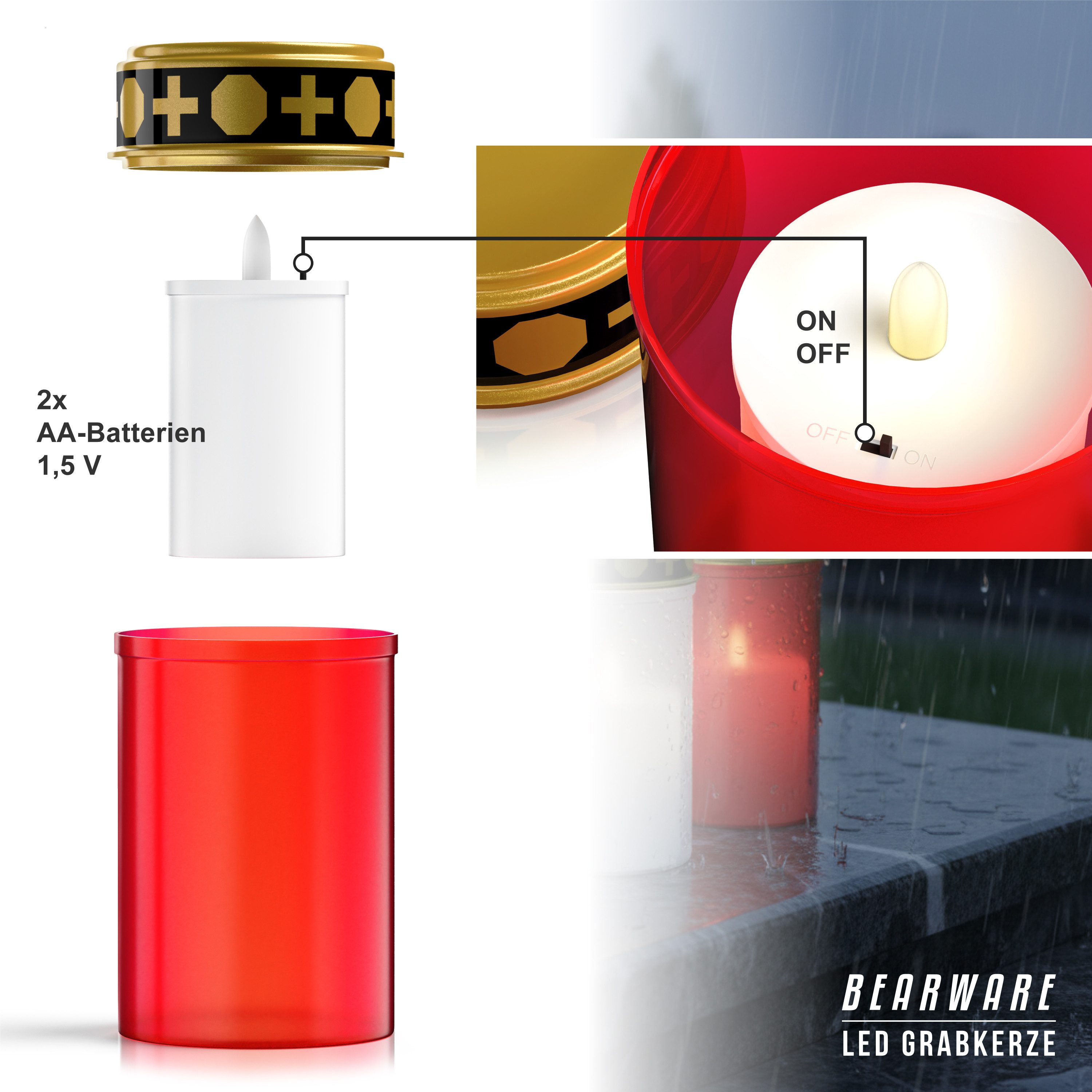 BEARWARE Grabkerze LED Grablicht, Batteriebetrieb, Friedhofskerze, wassergeschützt, IP44 (1-tlg), wetterfest, realistischer Flackereffekt, wiederverwendbar, Grablaterne