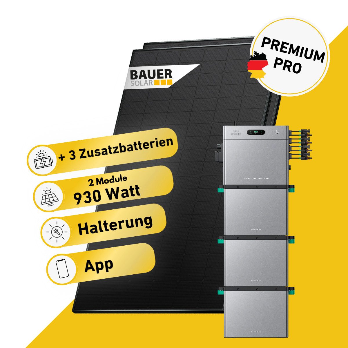 Balkonstrom Balkonkraftwerk PREMIUM Pro 930 Watt Solaranlage mit Speicher Komplettset Bifazial, 930 W, Monokristallin, (2x BAUER Solarmodul á 465 Watt, 1x Zendure SolarFlow 2400 Pro, 1-5 Zusatzspeicher AB3000L), Halterung für Dach, Fassade, Balkon & Garten, App & Plug&Play DE