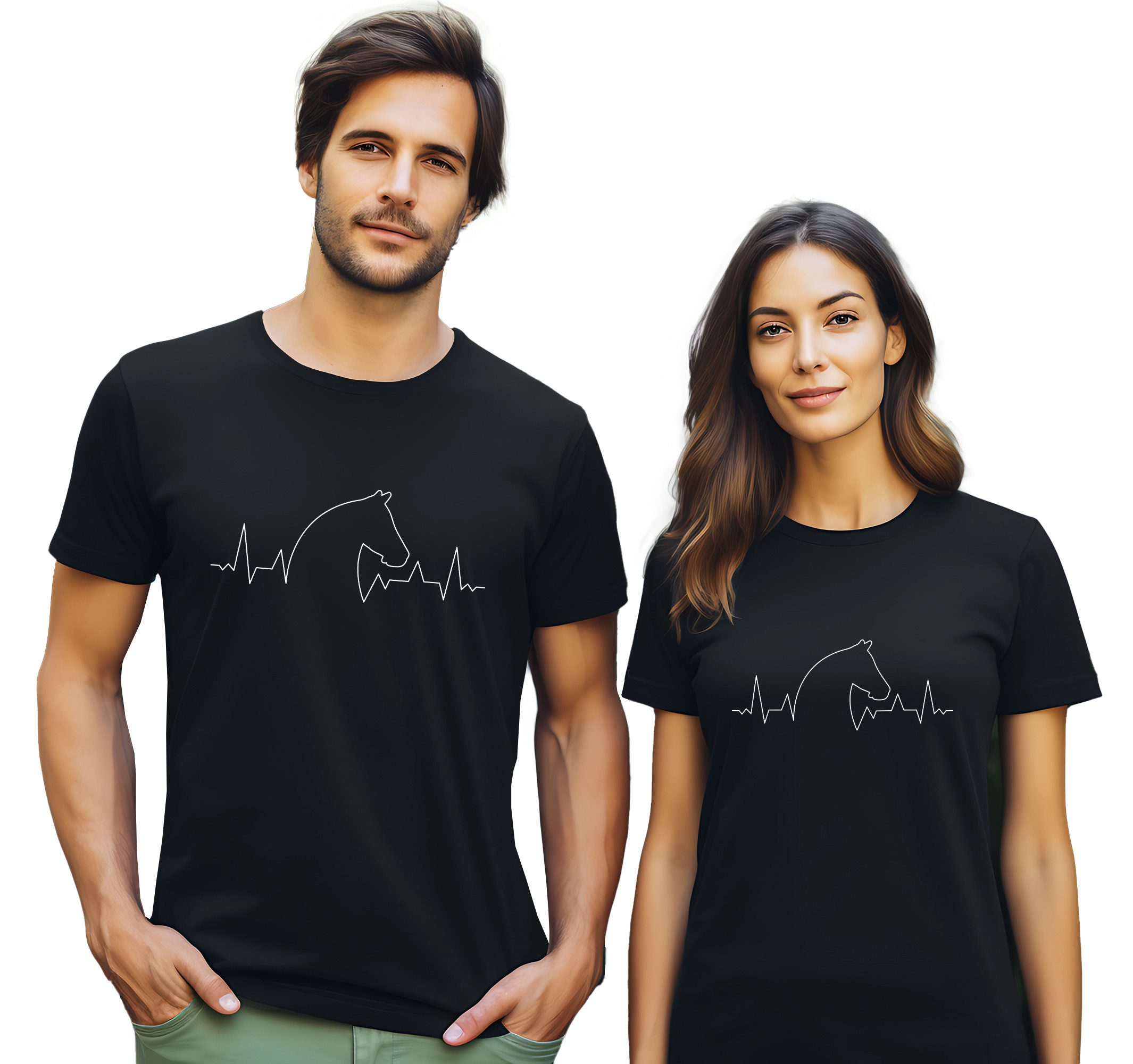 MyDesign24 T-Shirt Pferde print Shirt Herzschlag mit Pferdekopf Pferde T-Shirt schwarz kurzarm Regular Fit i154