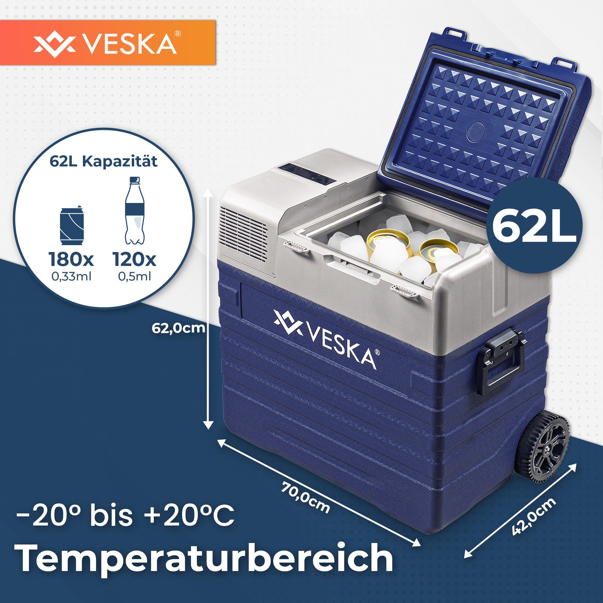 VESKA Elektrische Kühlbox Kompressor Gefriertruhe mobiler Kühlschrank, Kühltruhe, Gefrierbox, 12V/24V, 230V, für Auto, Lkw, Boot, Wohnwagen, Camping – Bild 4 von 5