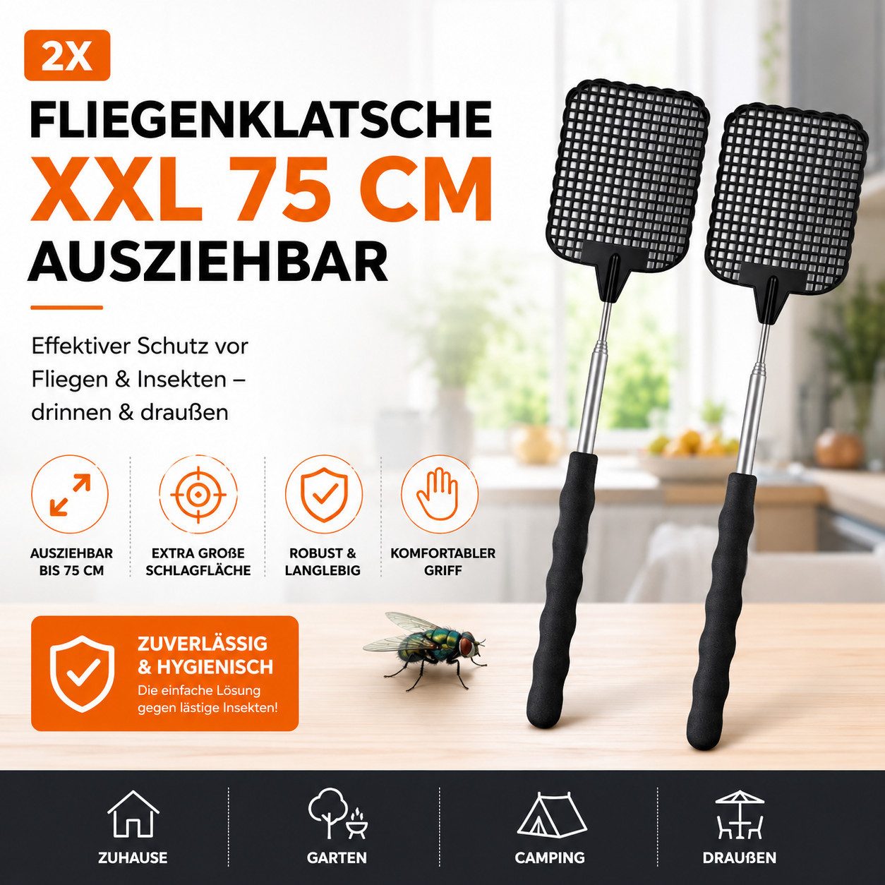 Gartiva® Fliegenklatsche 2 schwarze Teleskop-Fliegenklatschen, ausziehbar von 27 bis 73 cm, ausziehbar von 27cm bis 73cm – Bild 3 von 5