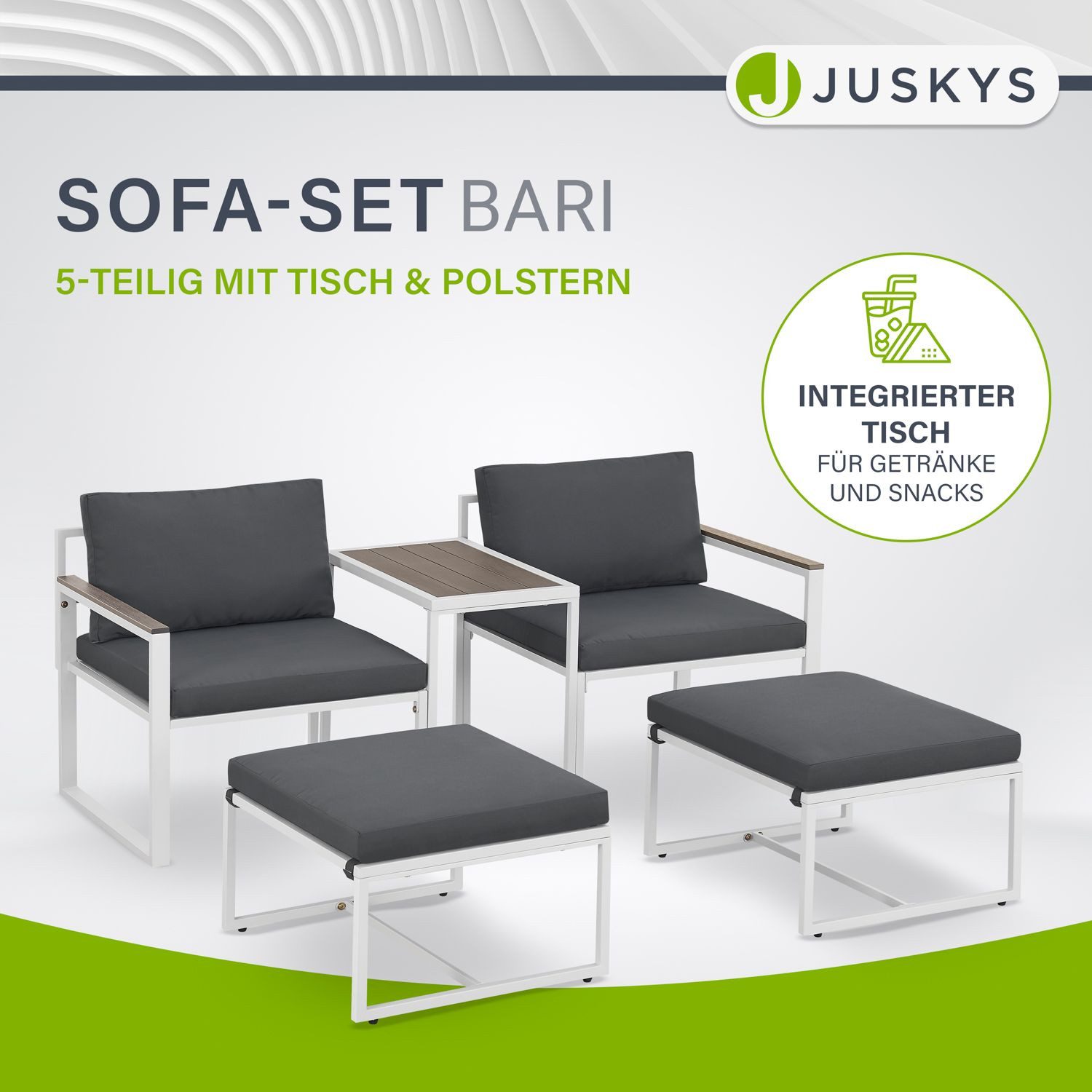 Juskys Gartenlounge-Set Bari, (5-tlg), Gartenmöbel Sofa, Set 5-teilig, Hocker, Tisch & Polster, Outdoor