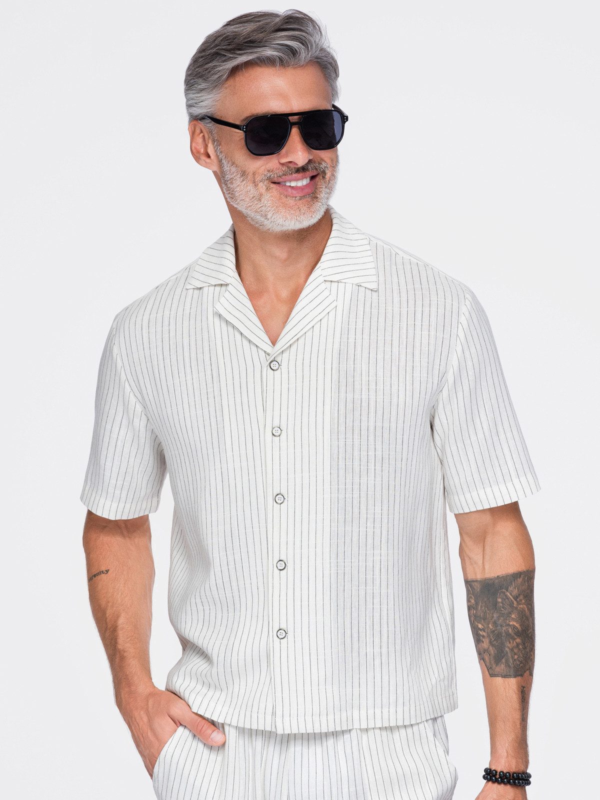 OMBRE T-Shirt Herren T-Shirt aus Viskose-Leinen mit unifarbenem Design Off white XL (kein Set, 1-tlg)