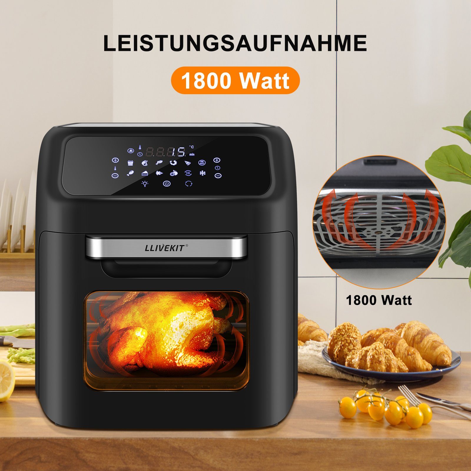 LLIVEKIT Heißluftfritteuse, 1800 W, 12L, mit 6 Zubehör & Rezeptbuch, Schwarz