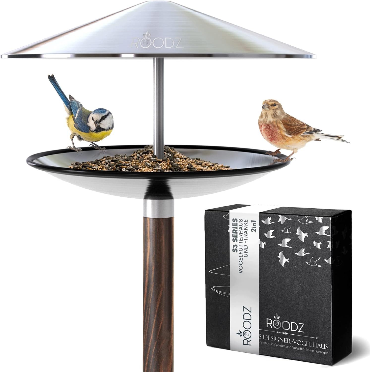 Roodz Vogelhaus 2-in-1 Vogelhaus und Vogeltränke mit Ständer aus rostfreiem Edelstahl