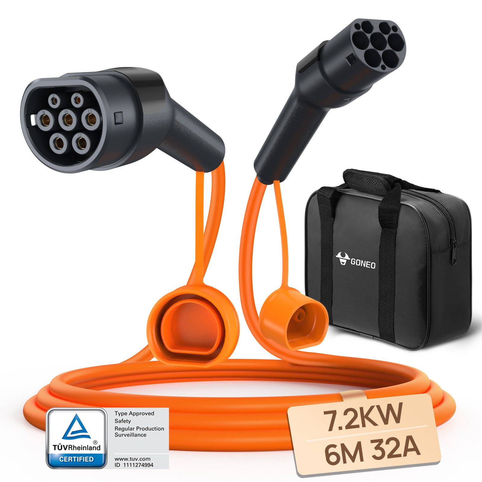 GONEO Typ 2 Ladekabel 7kW/11kW/22kW - Autoladekabel, Elektroauto-Ladekabel, (600 cm), Typ 2 auf Typ 2 EV Ladekabel mit Tragetasche