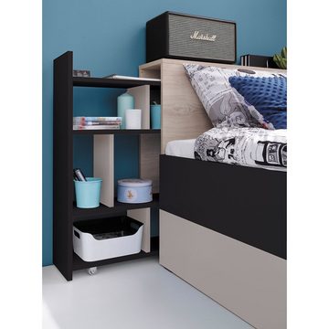 Lomadox Jugendbett PITTSBURGH-133, Jugendbett 90x200cm mit Funktionen, schwarz/Eiche/beige