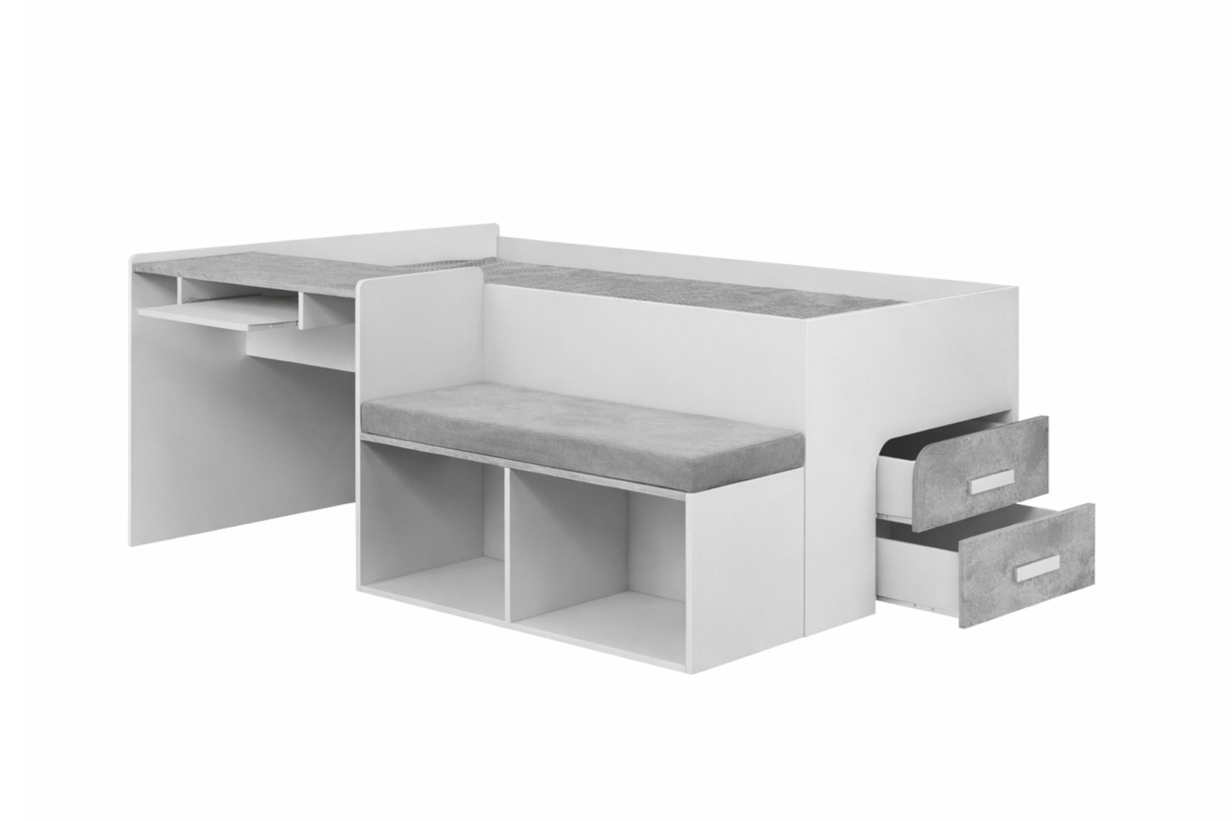 Deine Möbel 24 Jugendbett MULTI Multifunktionsbett mit Schreibtisch, Schubladen & Stauraum (Set, 1-tlg., Bett in 90x200 cm ideal für kleinere Räume), Kinderbett in Weiß Grau Kaschmir Graphit Eiche