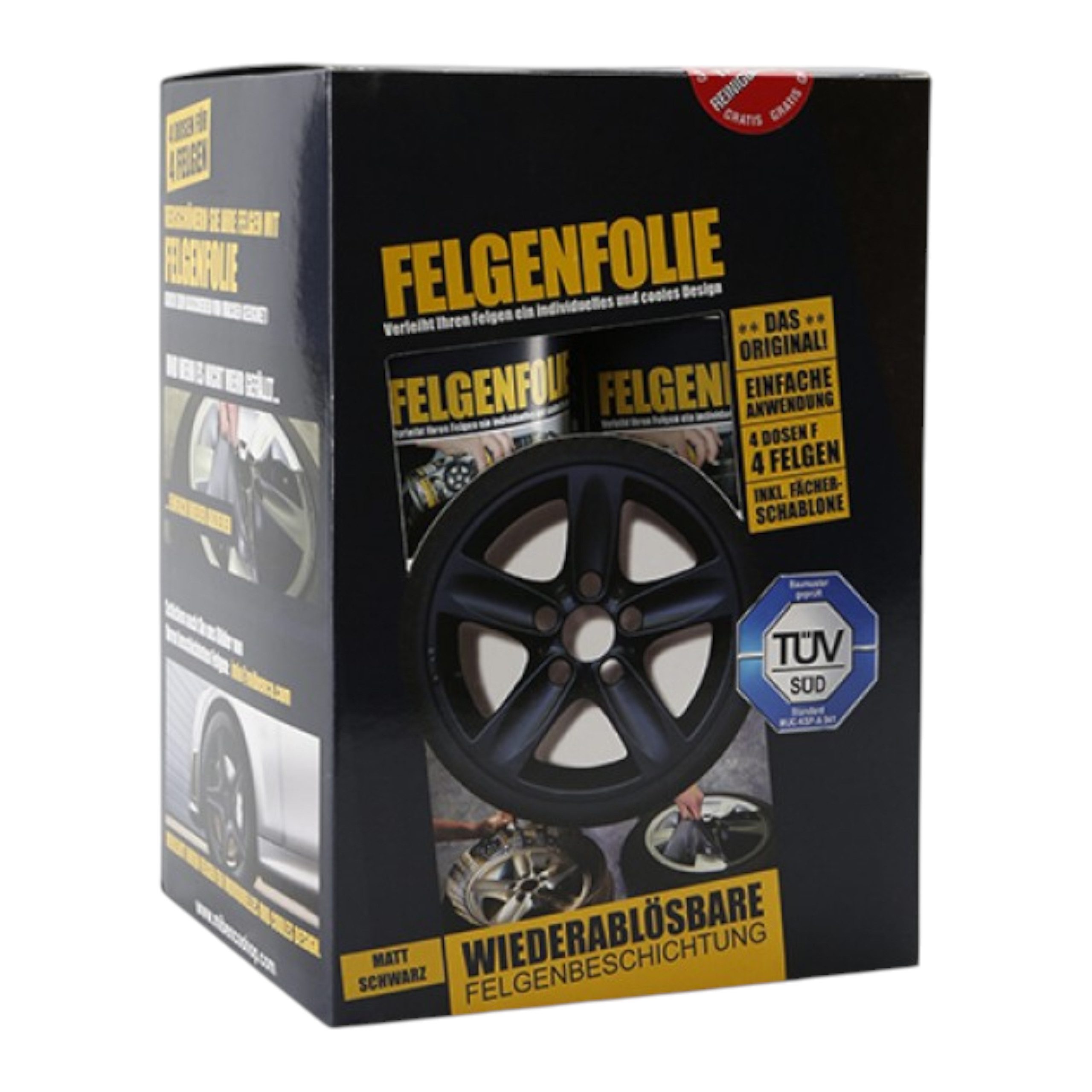 mibenco Felgenaufkleber mibenco Felgenfolie-Set 4×400 ml Schwarz Matt – Sprühfolie für Felgen