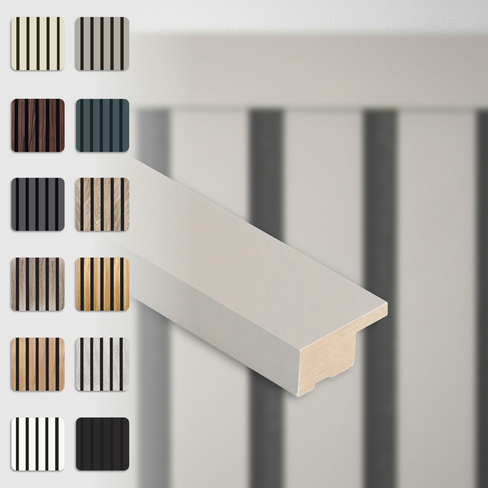 Hexim Wanddekoobjekt (Abschlussleiste 137,5x2,7cm passend für unsere Akustikpaneele - flexible Lamellenwand Holz MDF Wandpanelee Lamellenverkleidung Wandverkleidung (1 Abschlussleiste Sandgrey - APAH02)