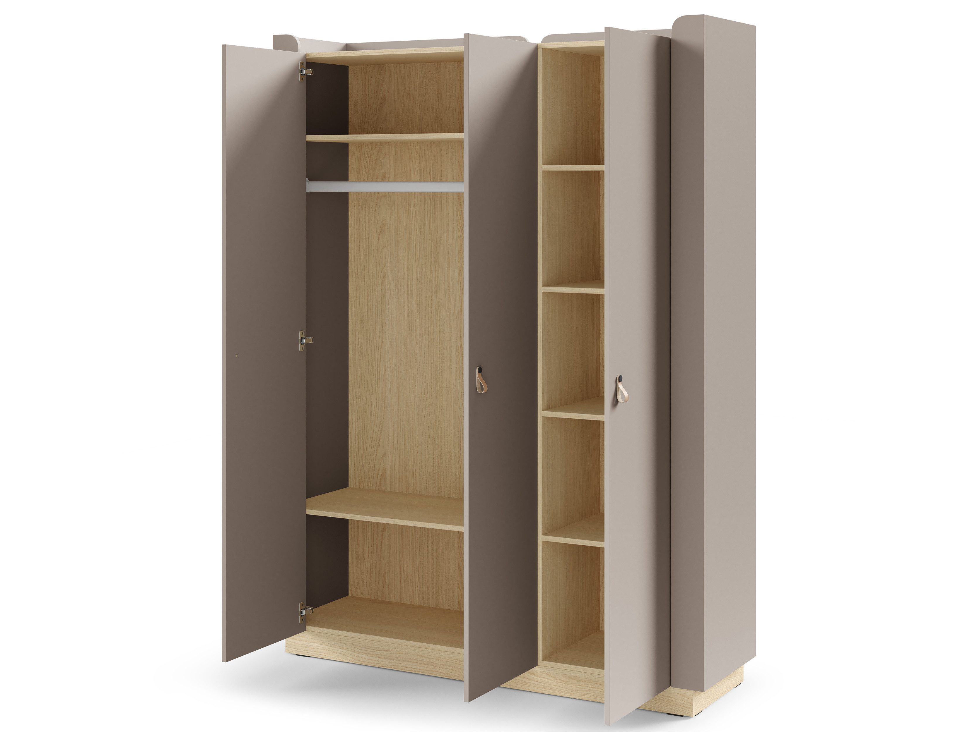 Beautysofa Kleiderschrank SORELLA 3-türig, 150 cm (moderner Garderobenschrank mit Kleiderstange und Einlegeböden, Schlafzimmerschrank mit Designergriffen aus Leder) Porcini oder Macadamia mit Eiche Mavelie