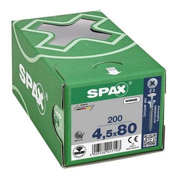 SPAX Spanplattenschraube Universalschraube mit Kopfbohrung, (Stahl weiß verzinkt, 200 St), 4,5x80 mm