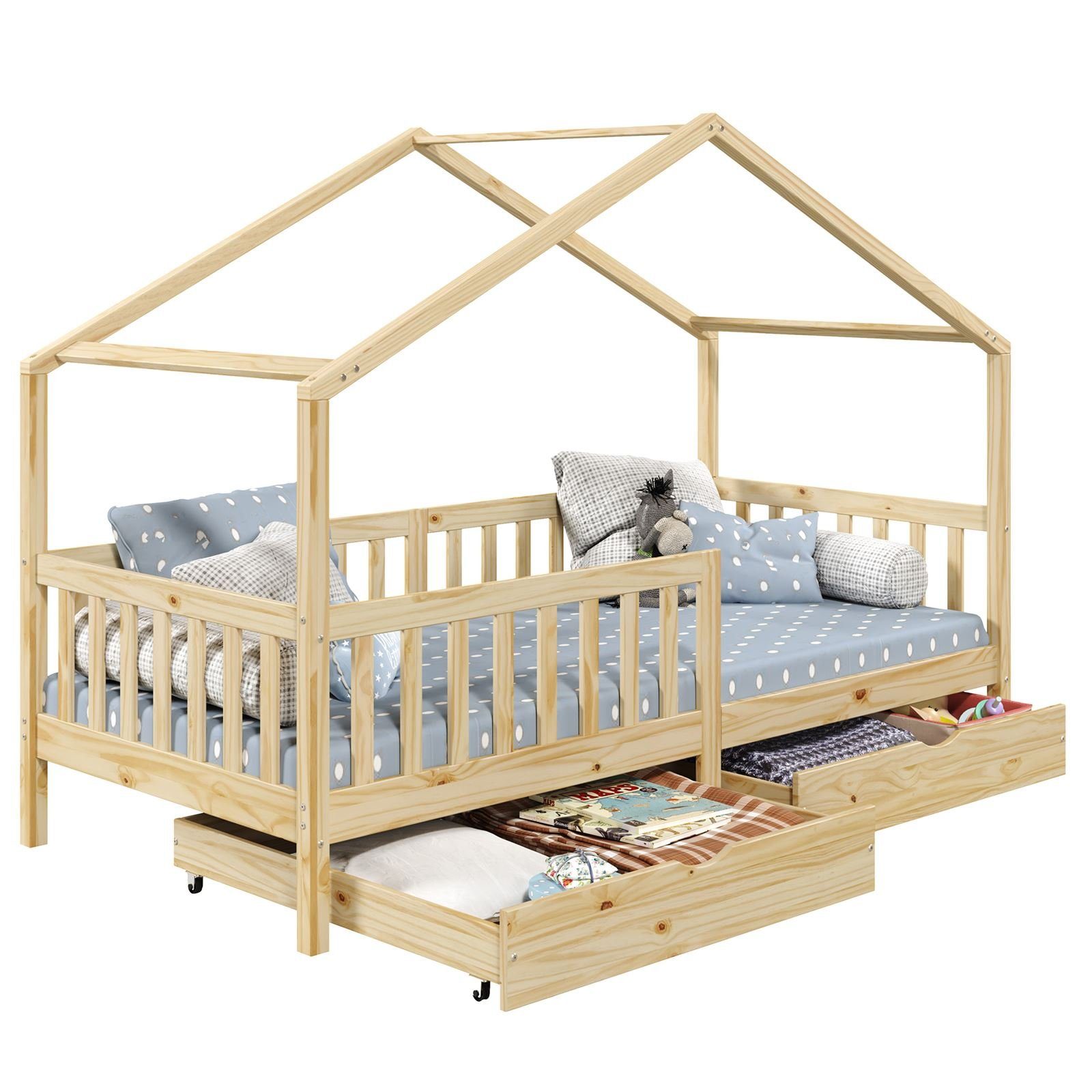 IDIMEX Kinderbett ELEA, Hausbett Montessori Bett Tipibett Kinderbett 90 x 200 Kiefer Schublade natur