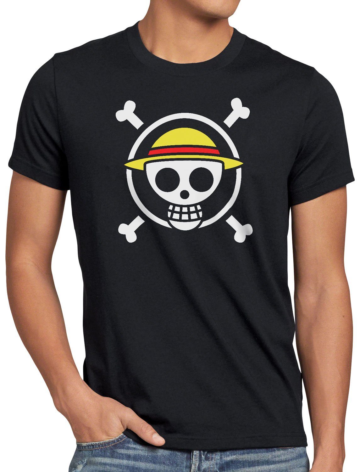 style3 Print-Shirt Herren T-Shirt Jolly Roger strohhut pirat