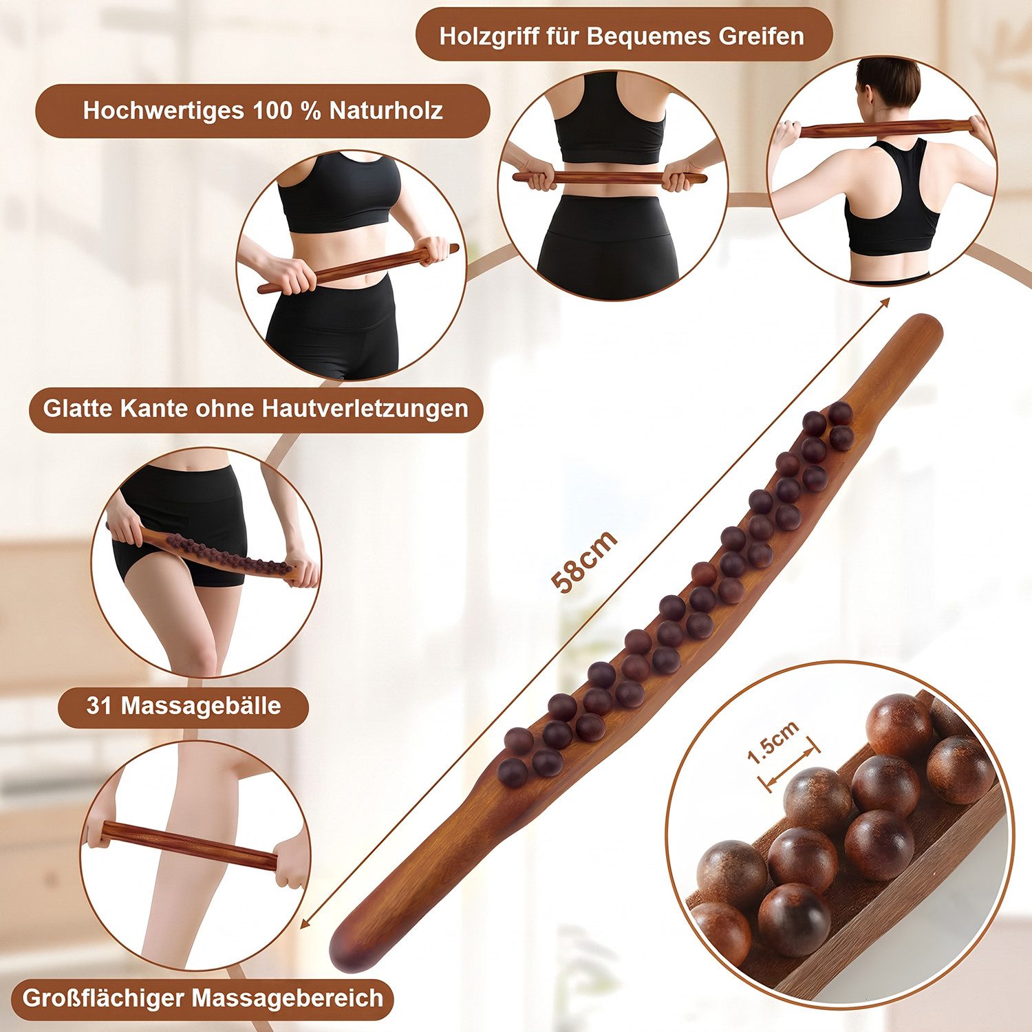 AIMAX Nacken-Massagegerät Holz-Gua-Sha-Massageroller 31 Perlen, 58cm, Nacken- & Körpermassage, Massagestab Holz Ganzkörper Gesichtsmassagegerät Massagestein, Gu – Bild 2 von 5