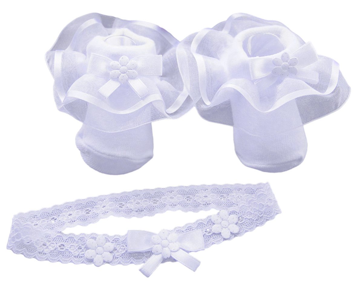 La Bortini Socken Socken und Stirnband für Baby Kinder weiß festlich Strümpfe Rüschen elastisch, 44 50 56 62 68 74 80 86 92 98 104 mit Schleifchen